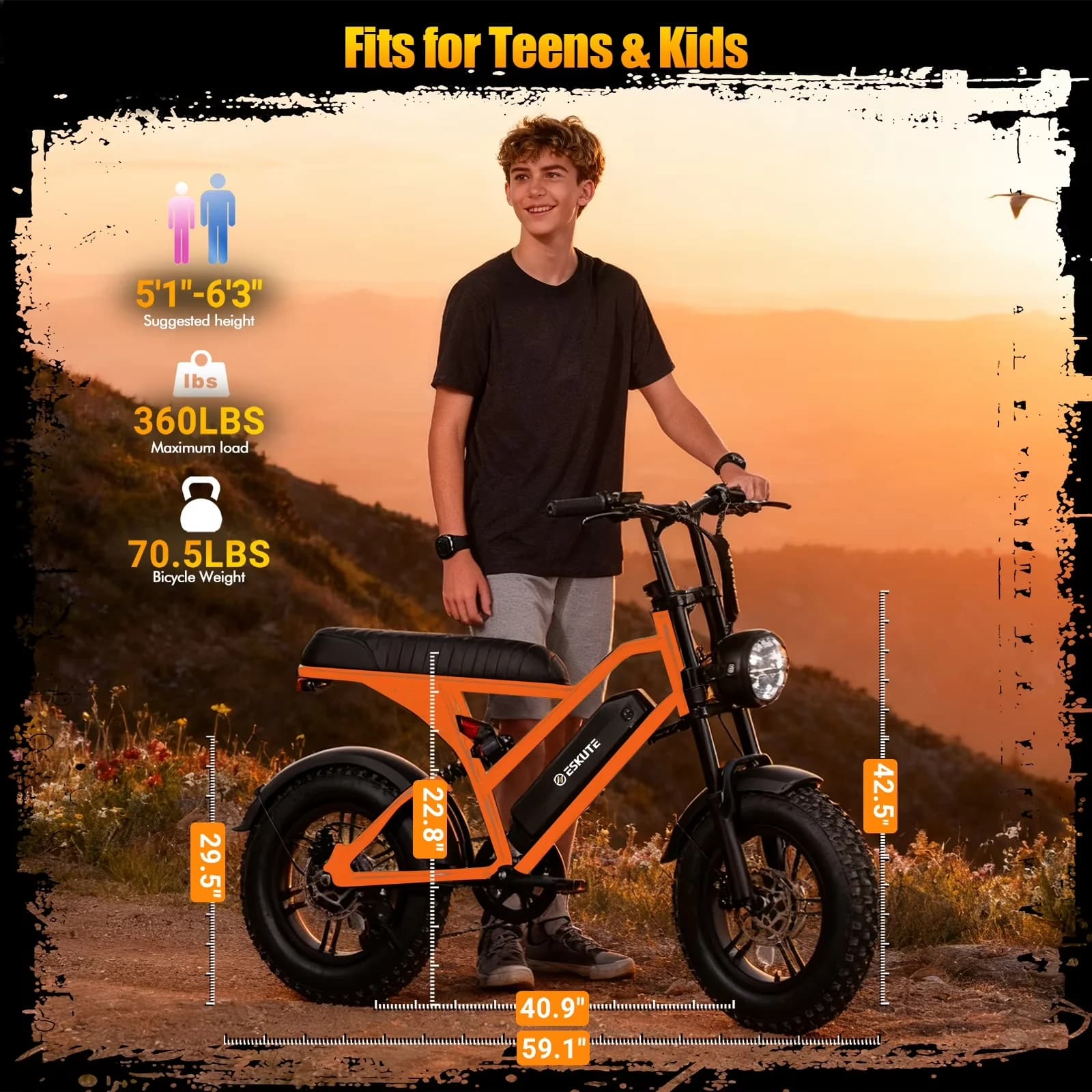 Quality Electric Bike with Battery, 500W, 48V - Orange - Sleek Profile Model 77A2C1