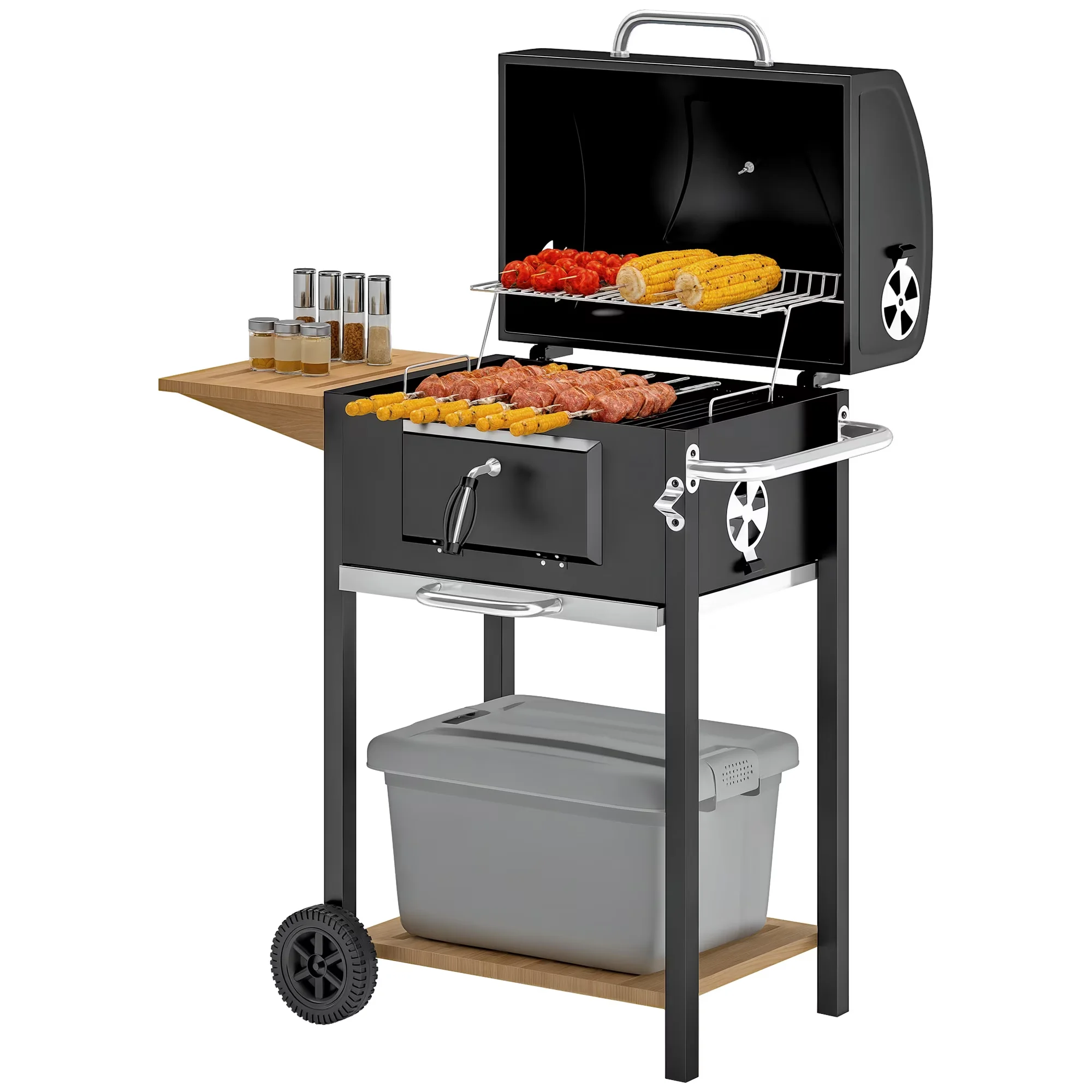 Professional Charcoal Grill with Portable, Color: Black, Nature Wood - Steel, Stainless Steel Black Model E52073