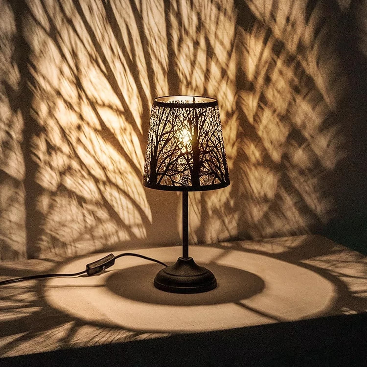 Lamp Set Premium with Rustic Bedside, Black Metal Tree Shadow Table for Living Room, Bedroom - Model 413FE0