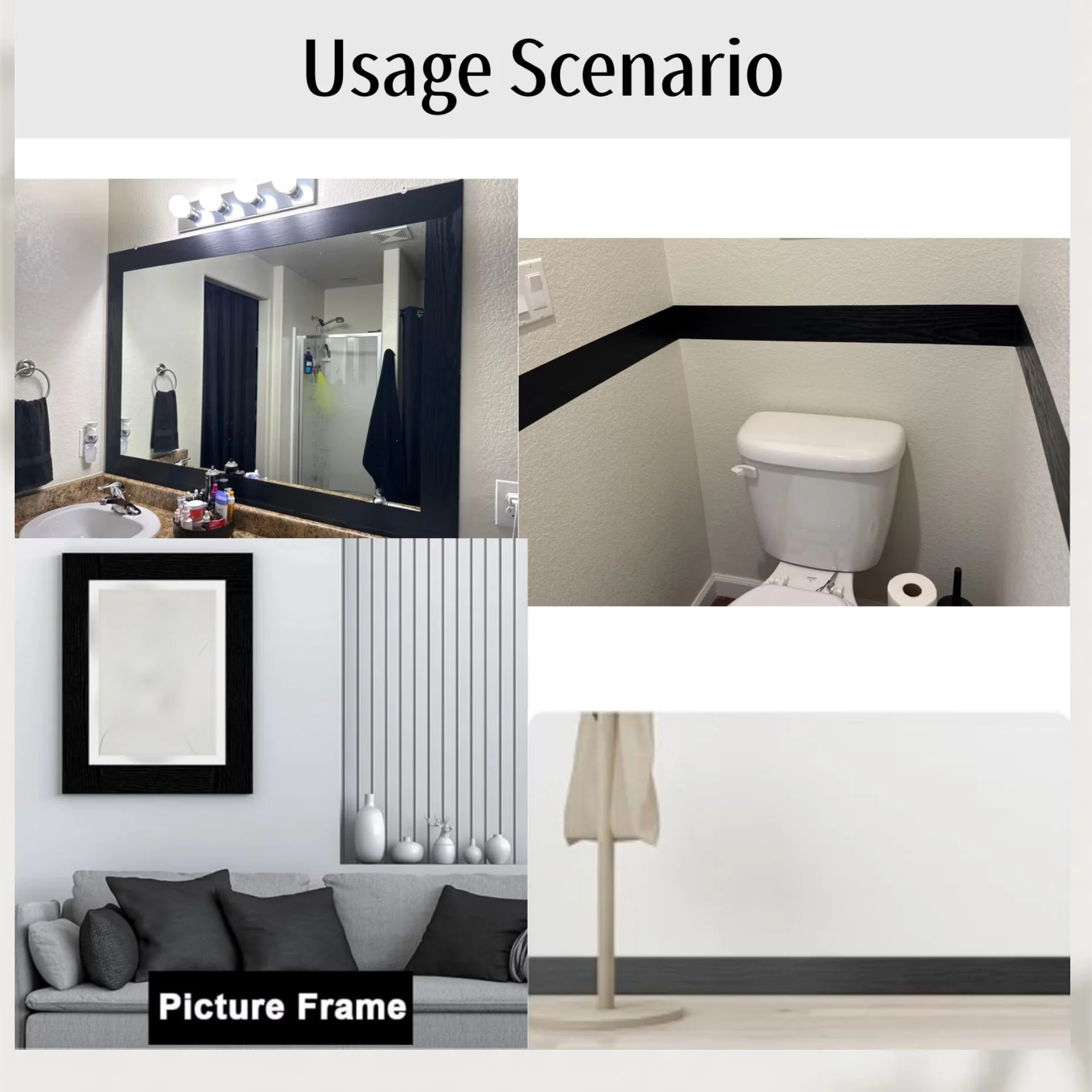 Durable Wallpaper Wall Decals Wall Covering with Flexible, 3.93x32ft, Self Adhesive Mirror Frame Border - Black Plastic Model B96E68
