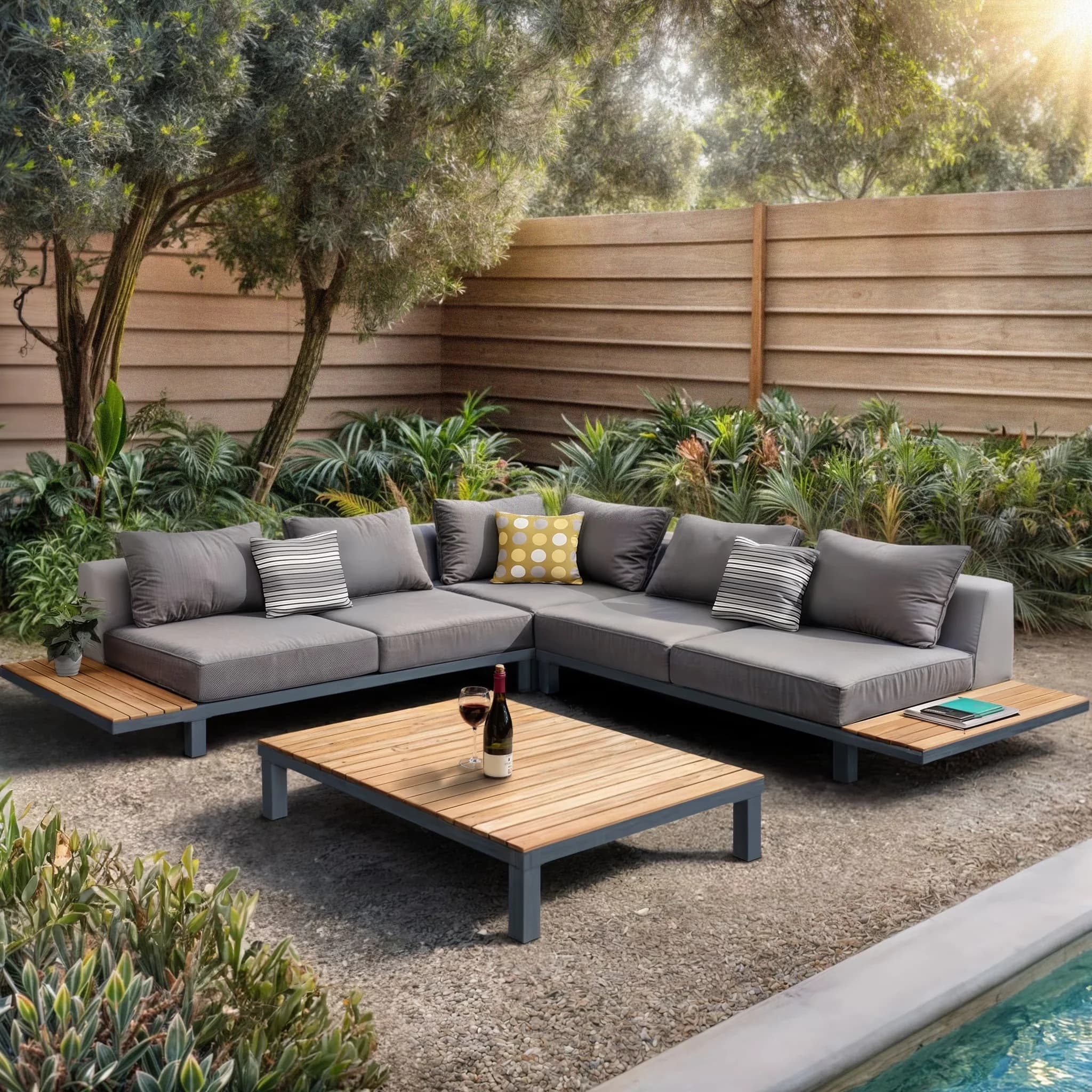 Outdoor Sofas Sectional Modern with Modern, Water-Resistant - Aluminum, Teak Wood, Fabric, Textilene Gray Model E3FF2D