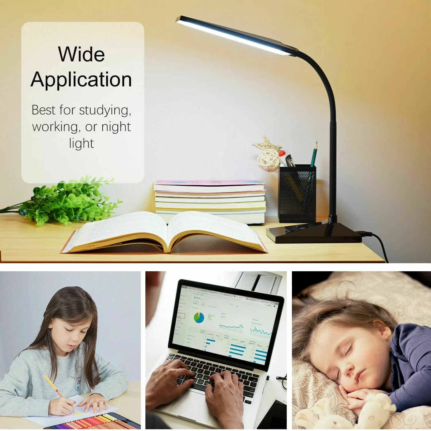 Stylish Desk Lamp with LED, Gooseneck - Black for Home Office, Bedroom Model 7C0A8D