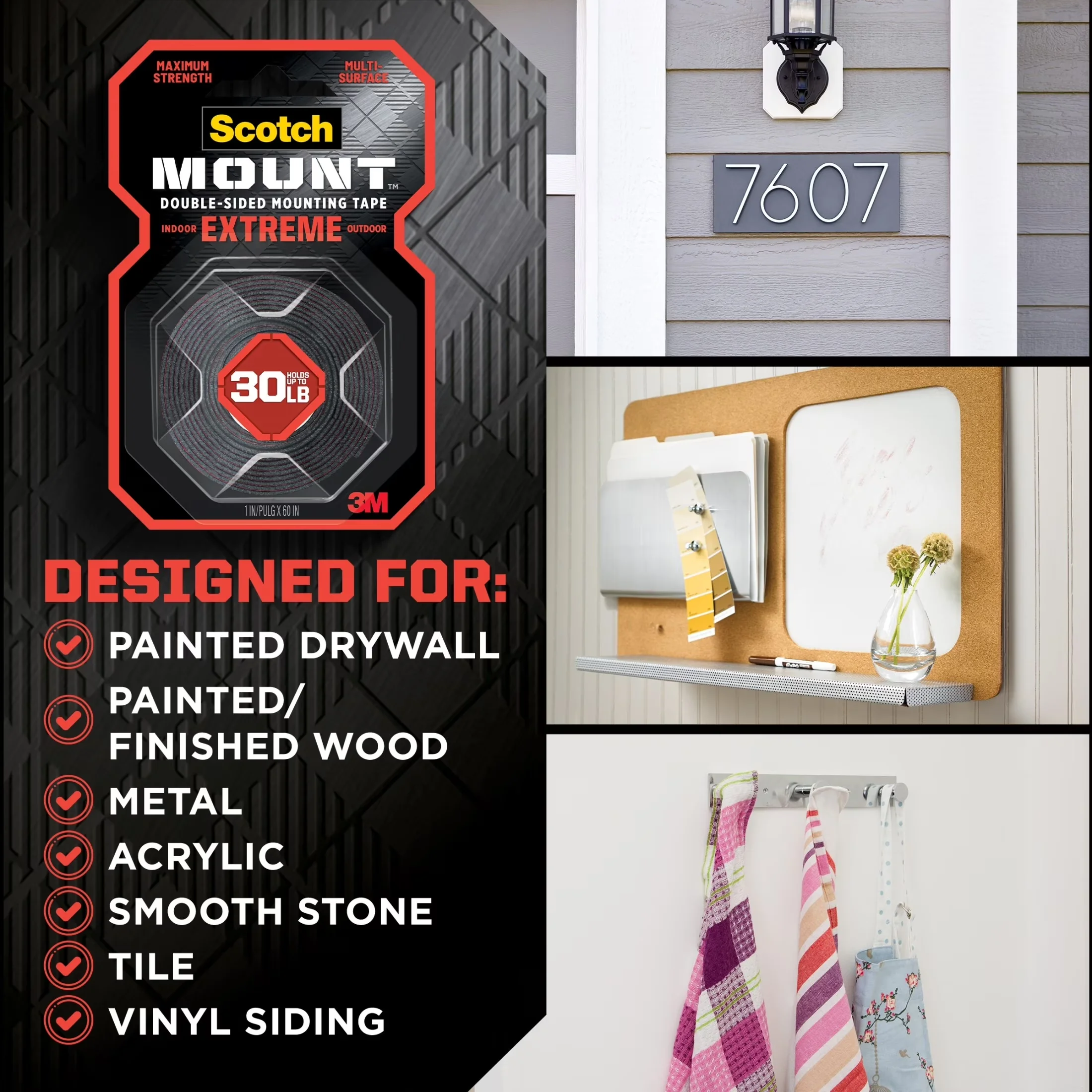 Modern Damage-Free Hanging with Holds 30 lbs, 1 in x 60 in - Plastic Black Model 24F7E6