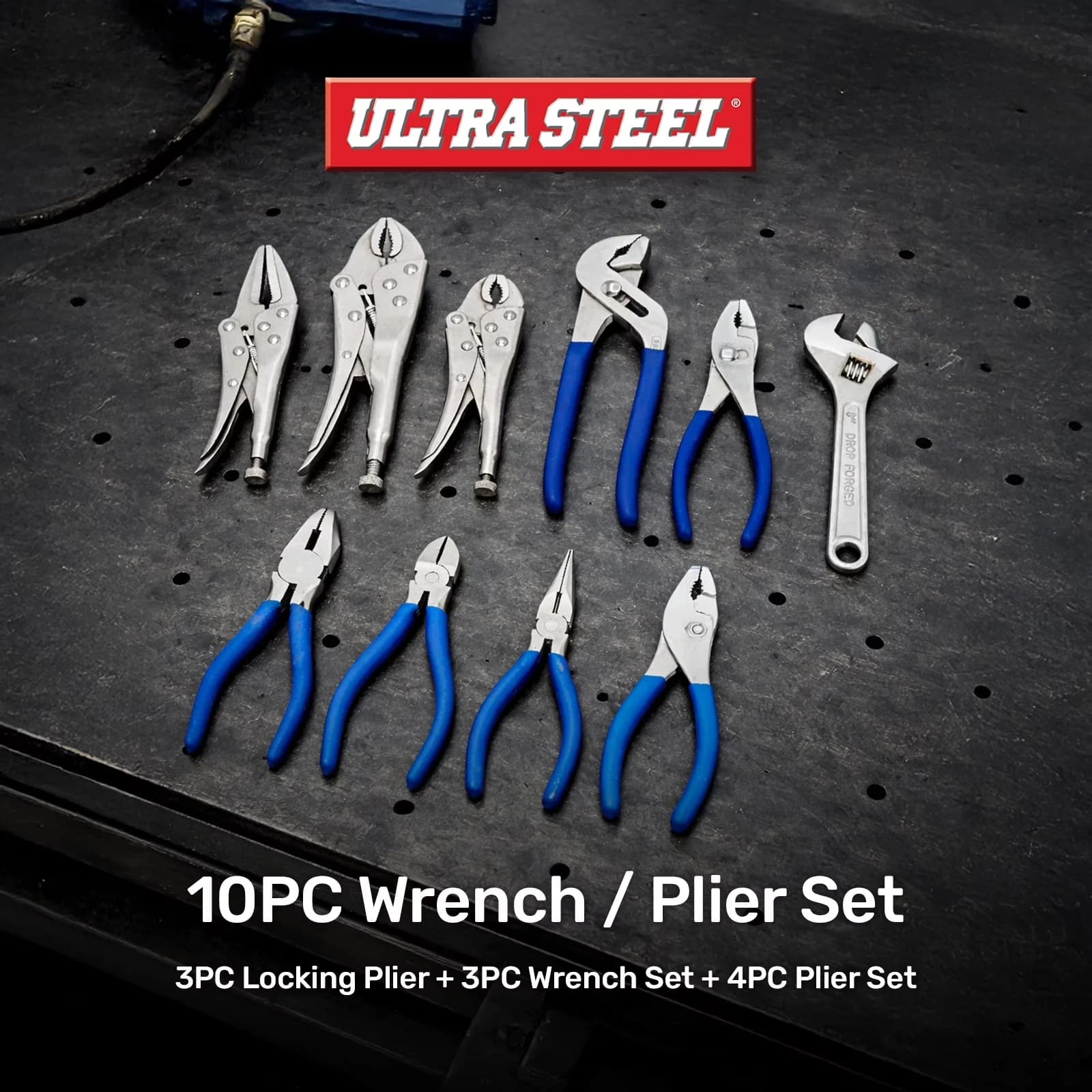Hand Tool Set Sleek with Easy To Operate, 10PC Adjustable Wrenches & Locking Plier - Silver Model 6D2161