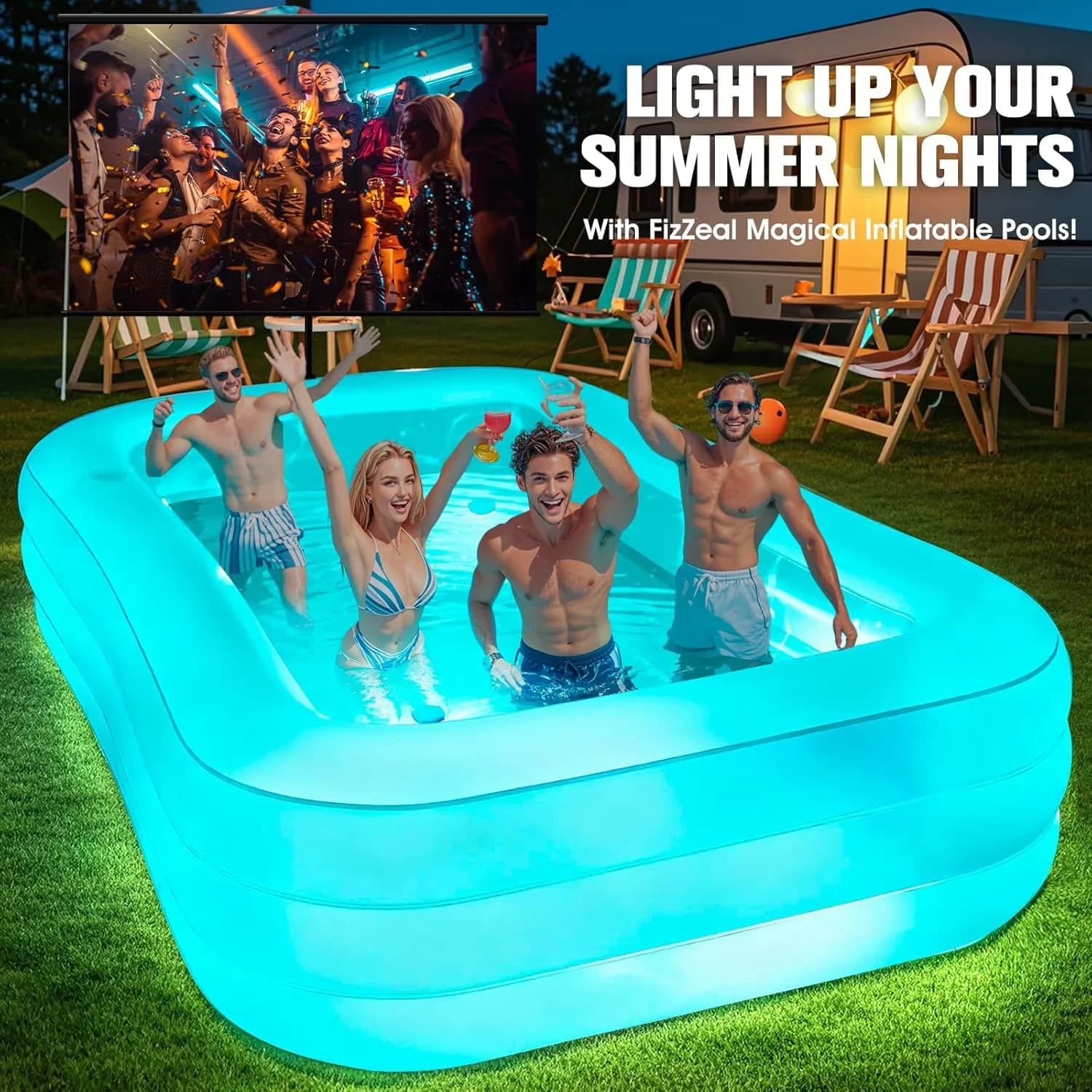 Inflatable Pool Stylish with Puncture Resistant, Seat and Lights - White Model EF4898
