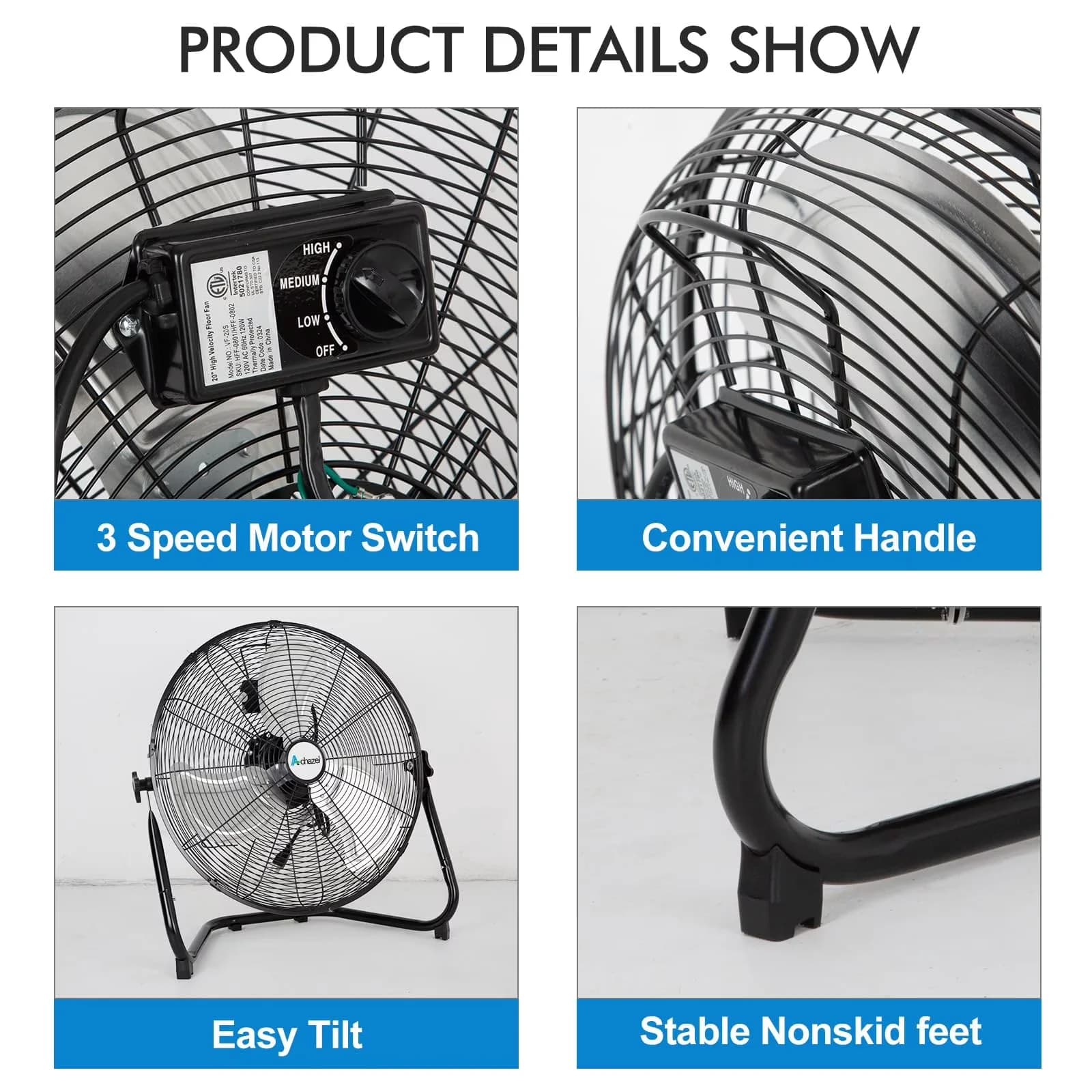 Premium Fans In Cooling with Rotating Head, Tilt Mechanism, Wall Mount System - Black Aluminum Model F387C6