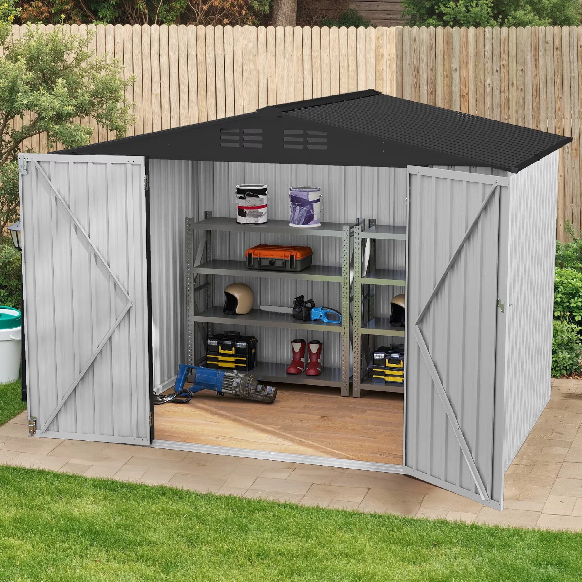 Shed Compact with Lockable Door, Waterproof - White Metal for Garden, Patio Model B7DCAD