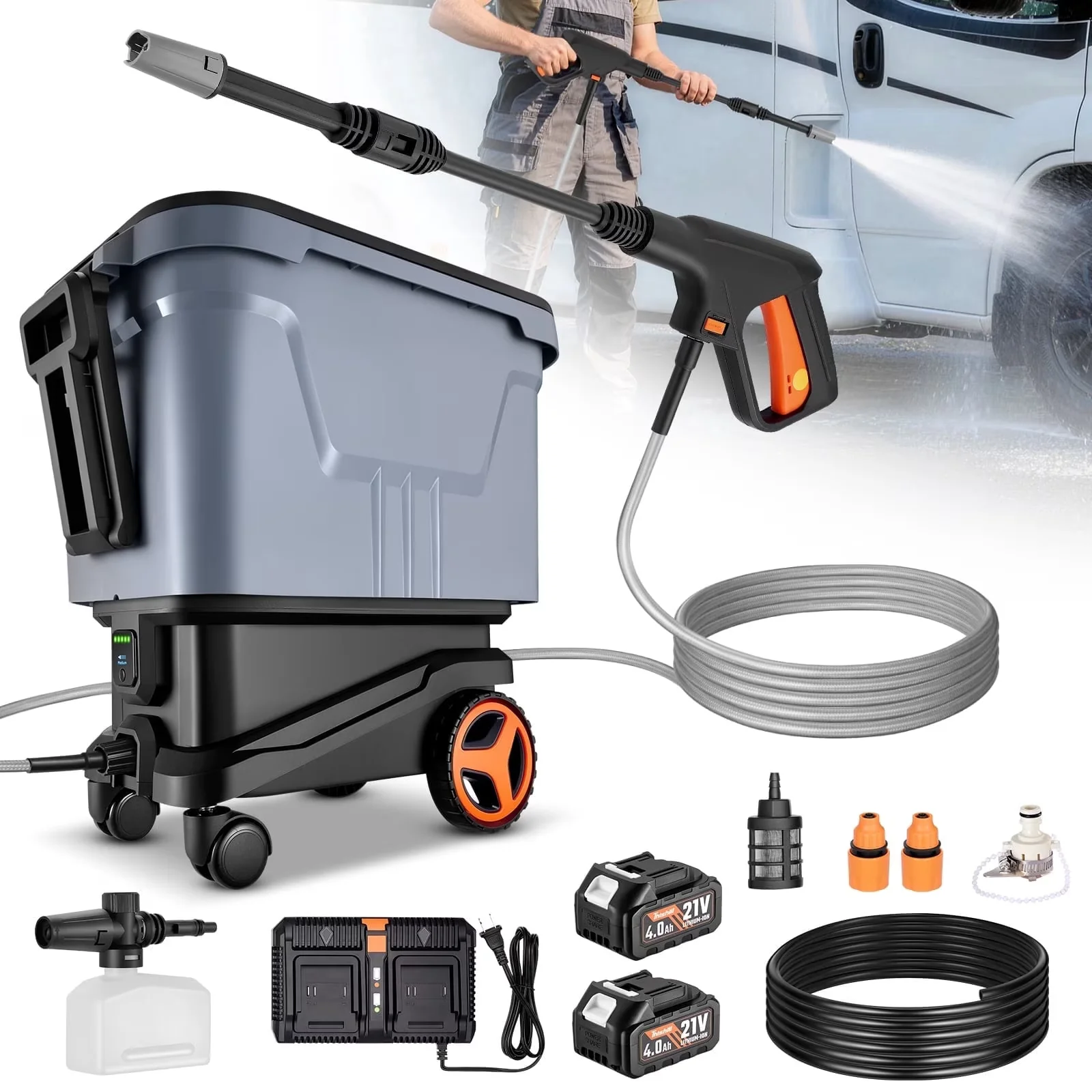 Efficient Pressure Washer with Battery, Quick Connect Tips, Translucent Fuel Tank for Car, Home - Model 459EAD