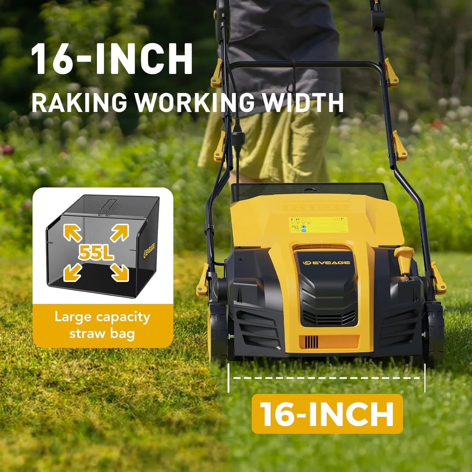 Premium Push Mower with Adjustable Cutting Height, Foldable Handle & 55L Collection Bag - Yellow Model E0B054