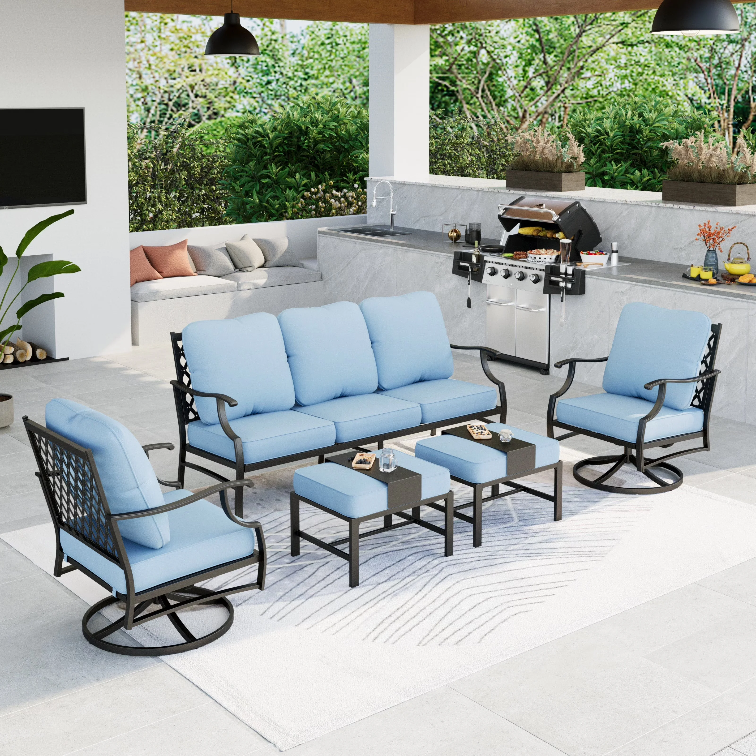 Versatile Outdoor Sofas Sectional with Blue Cushion - Metal Steel & Olefin Blue Model 5FF3CF