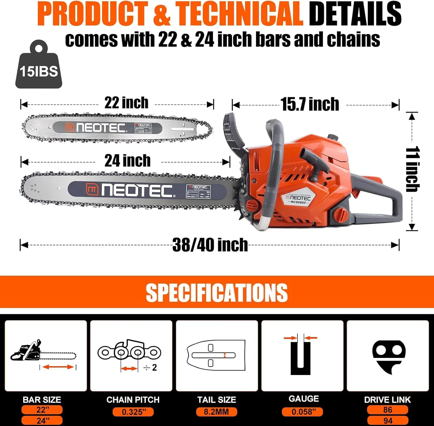 Versatile Chainsaw with Anti-Vibration, 68CC Gas Powered - Traditional Style Model 765752
