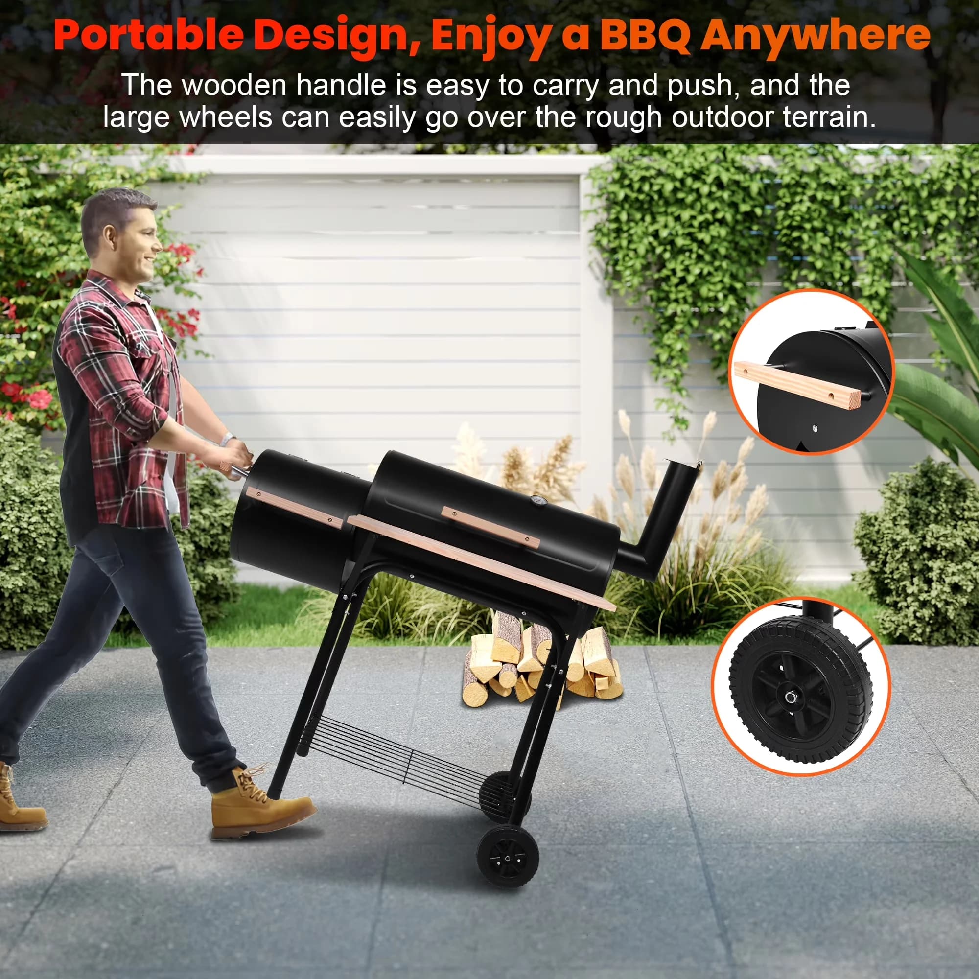 Charcoal Grill Efficient with Adjustable Air Vents, Storage Rack, Offset Firebox - Steel Model A88B80