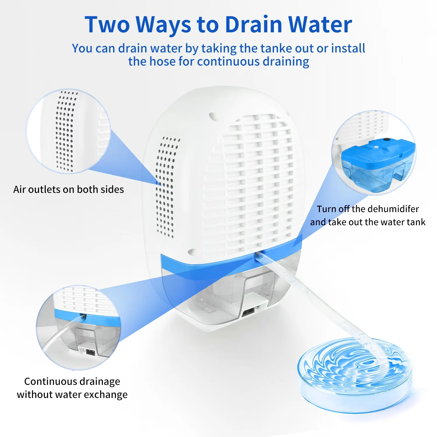 Premium Dehumidifier with Automatic Shut-Off, 2-Pint, Two Ways Drainage w Extra Drain Hose - White for Home Model 2B4A9E