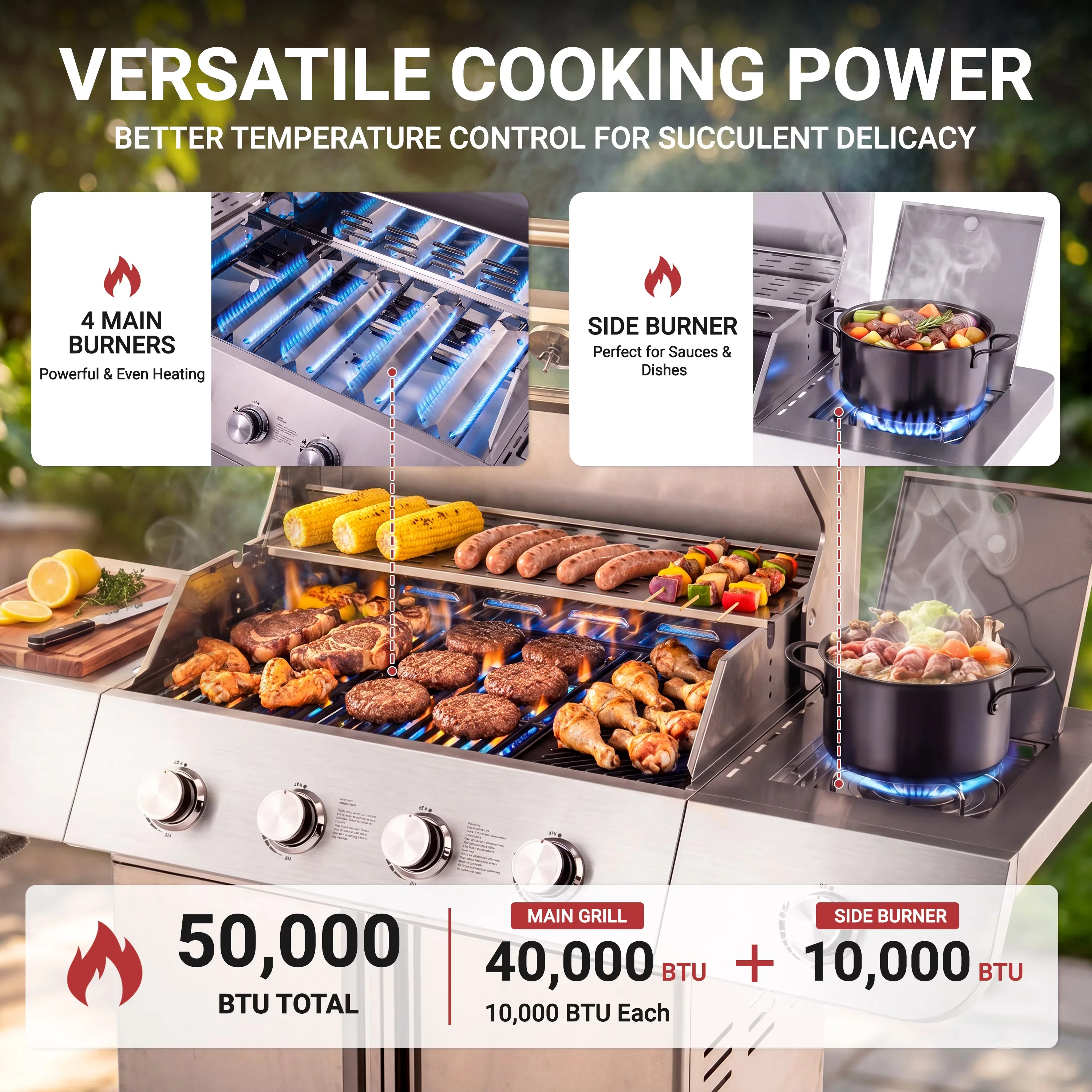 Versatile Gas Grill with 50000 BTU, Tool Holder - Silver Stainless Steel, Porcelain-Enameled Cast Iron for Patio, Camping Model 7EE25A