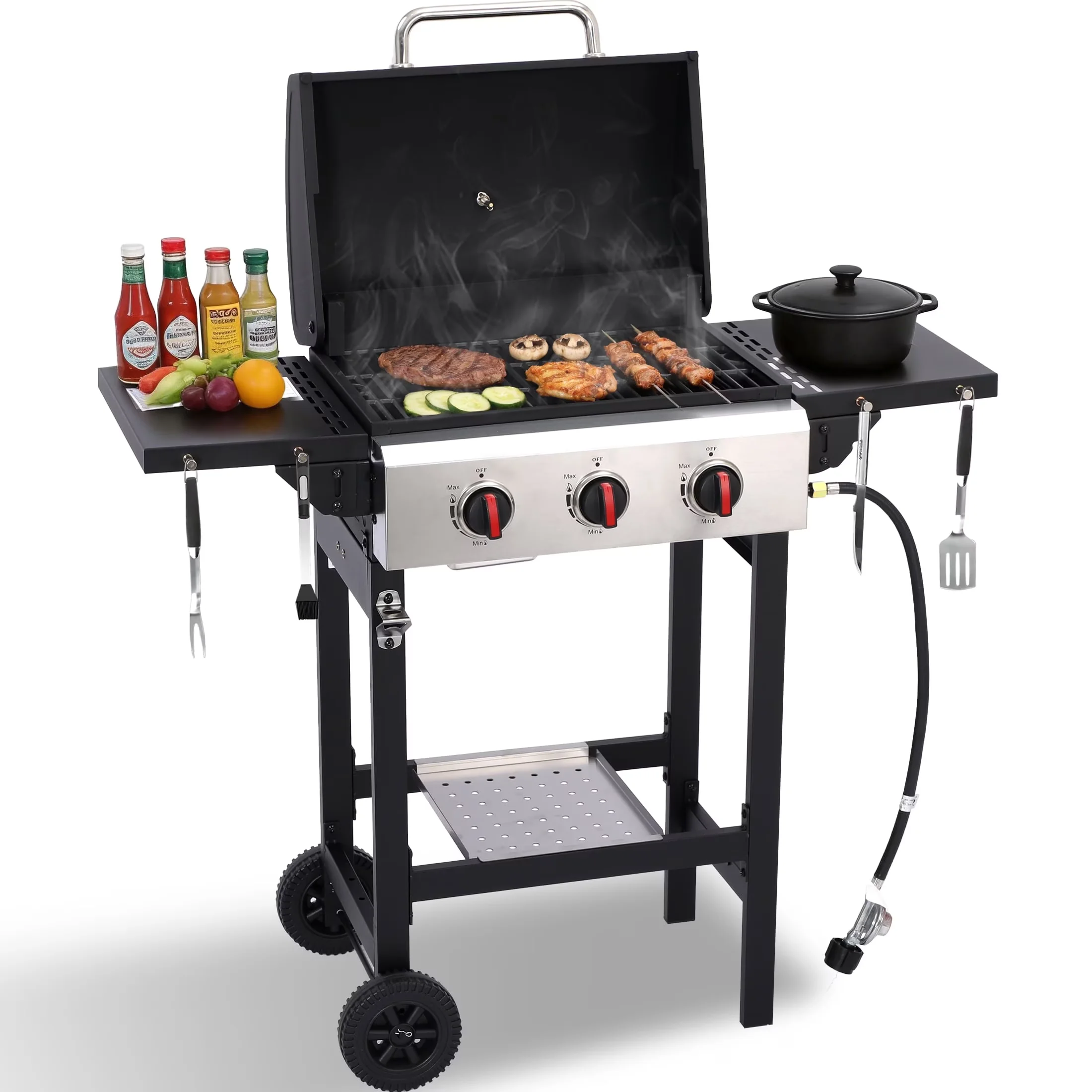 Innovative Gas Grill with Heat Thermometer, Tool Holder, Rust Resistant - Powder-Coated Steel, Stainless Steel, Porcelain-Enameled... Model EC7EC5