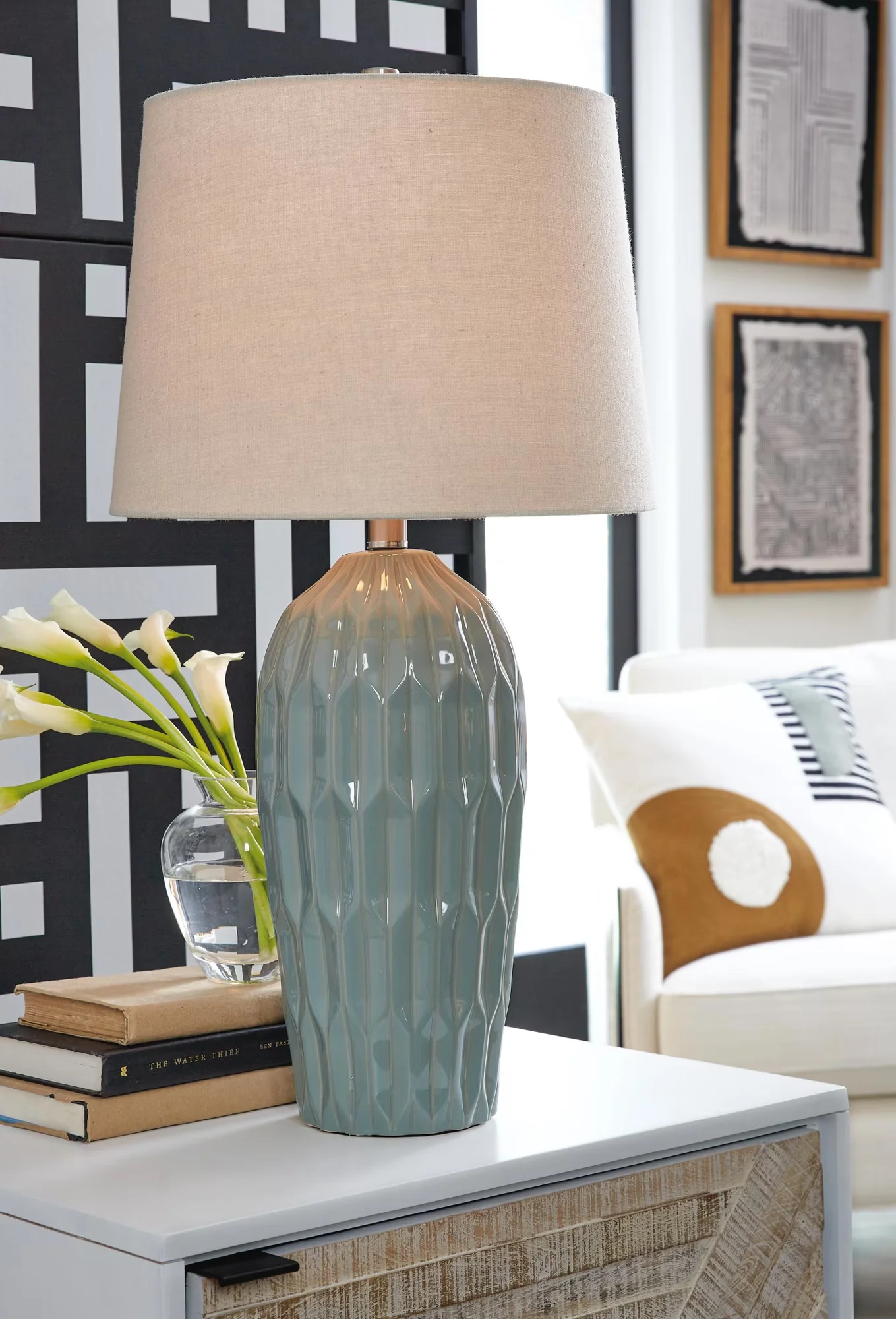 Premium Lamp Set with Incandescent, Modern, Hadbury Modern Ceramic Table Lamps - Blue Ceramic Model 03239B