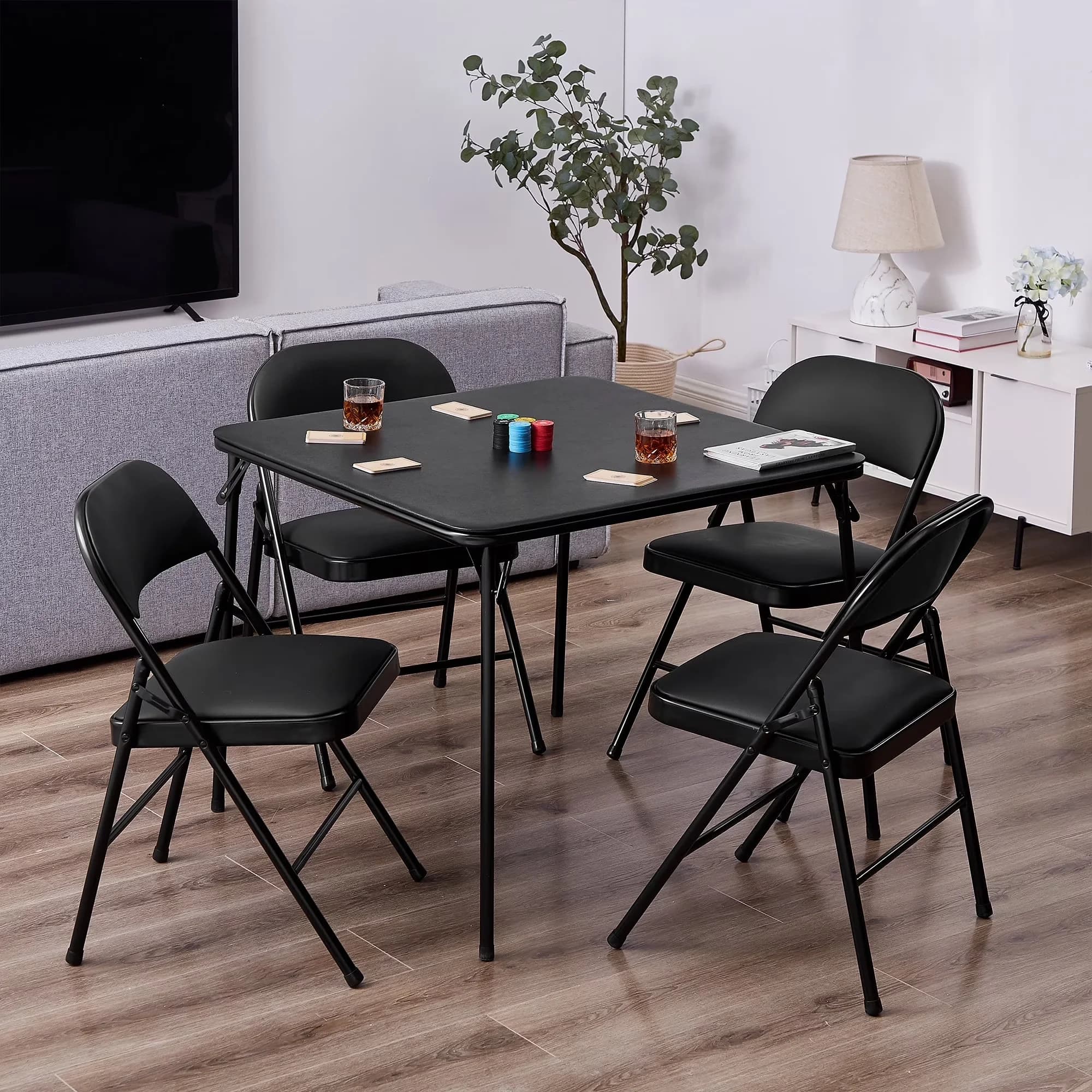 Essential Patio Dining Set with Modern, Folding, 5 Piece Folding Table and Chair Black - Black Metal Model E1FBDE