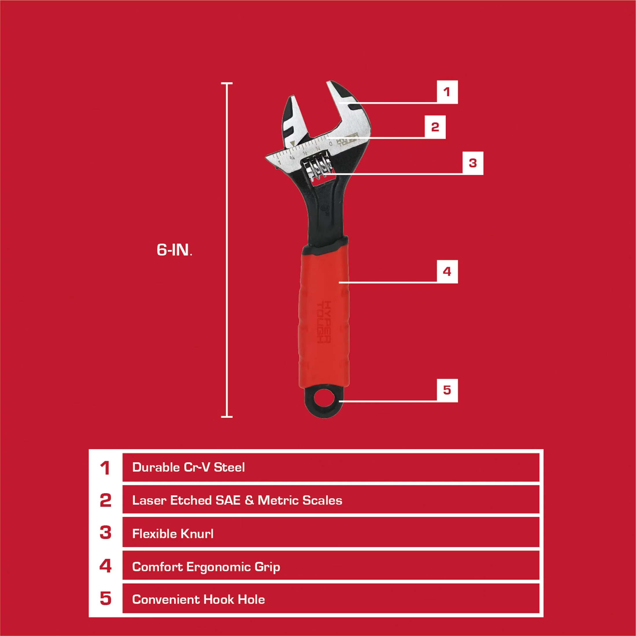 Durable Hand Tool with Adjustable, Dual Material Comfort Grips, 6-inch Wide Jaw Adjustable Wrench - Red 6-INCH Model 846793
