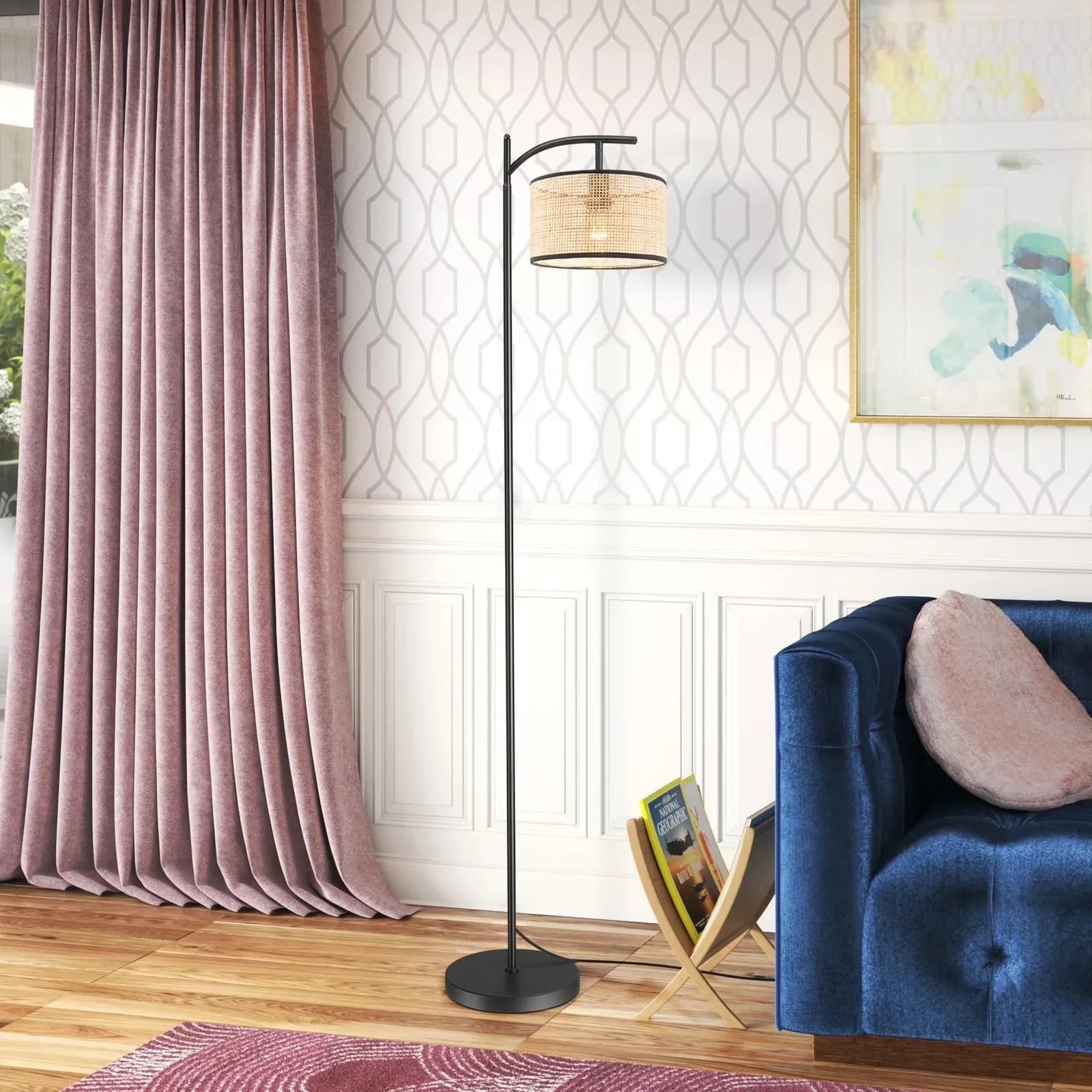 Stylish Floor Lamp with Incandescent, Standard Lamps, Boho Rattan - Black Metal for Living Room Model 7E2E7E