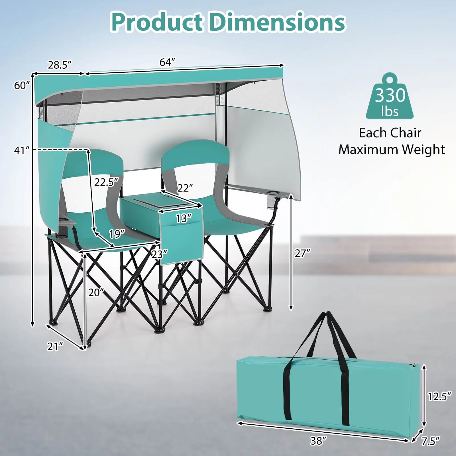 Beach Chair Professional with Folding, Double - Turquoise - Durable Build Model 74587E