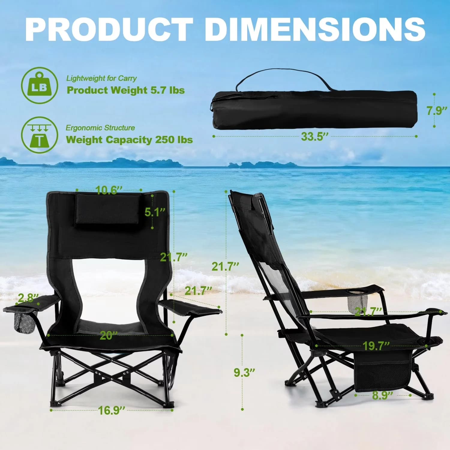 Compact Beach Chair with Folding, Rust Resistant - Black for Outdoor, Camping Model 12D443