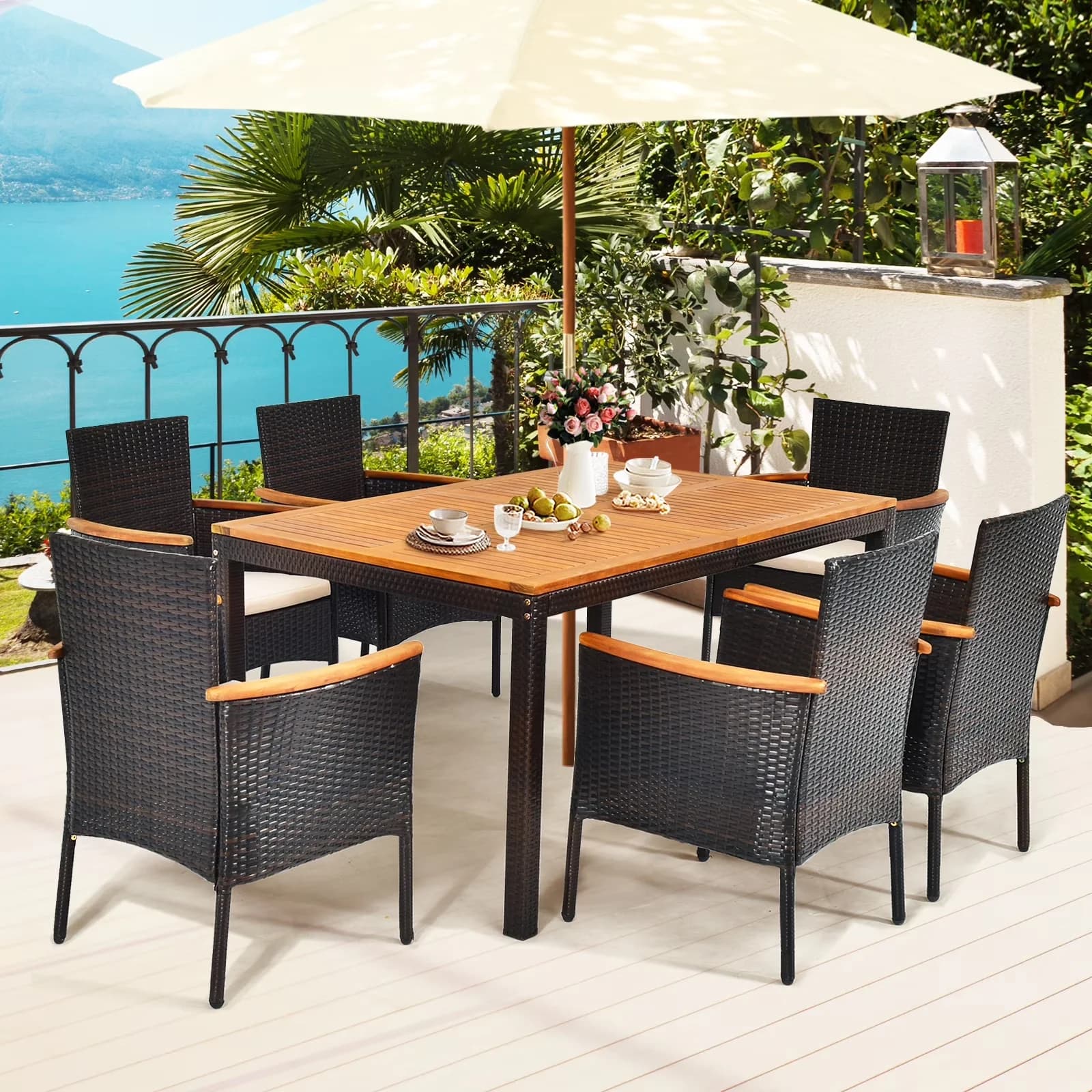 Versatile Patio Dining Set with Umbrella Hole, 7-Piece Outdoor Rattan Table and Chairs - Acacia Wood+ Rattan+ Steel+ Sponge+ Fabric... Model 0A4DC5