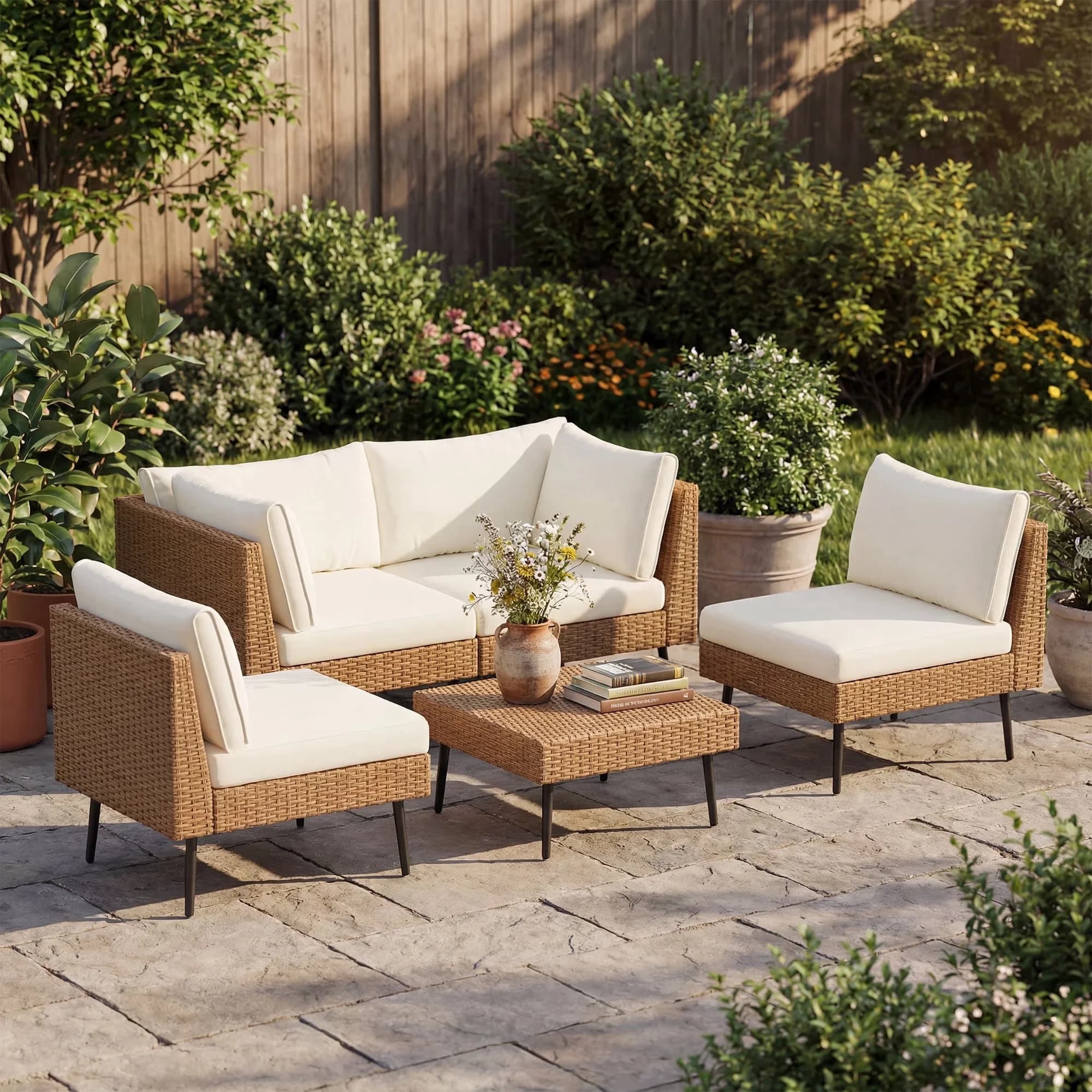 Sleek Patio Conversation Set with 4 Chairs & 1 Ottoman, All-Weather Sectional Sofa, Beige Cushions - Model EFB7E3
