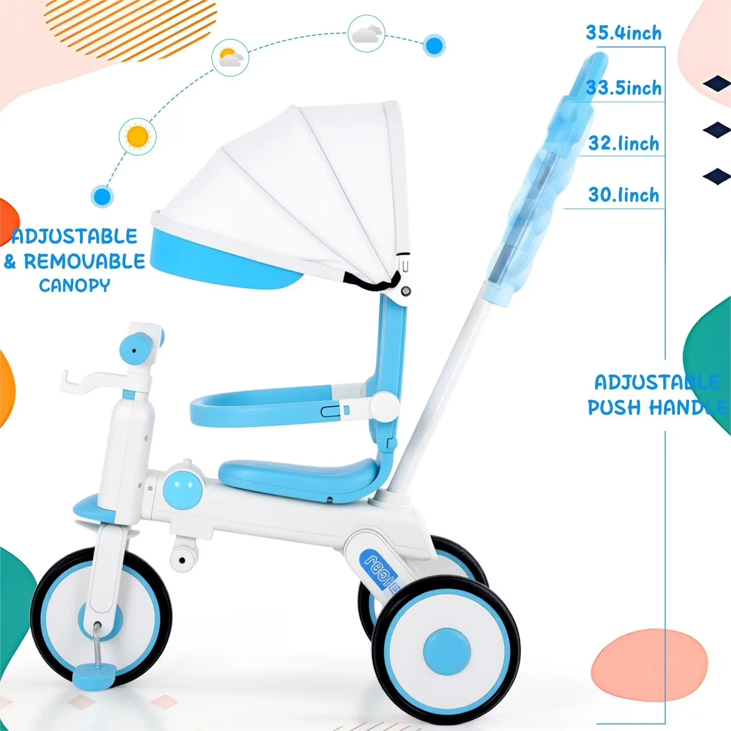 Compact Kids Bike with Adjustable Handlebar Height, 5 in 1 Tricycle - Blue Model 58CAFD