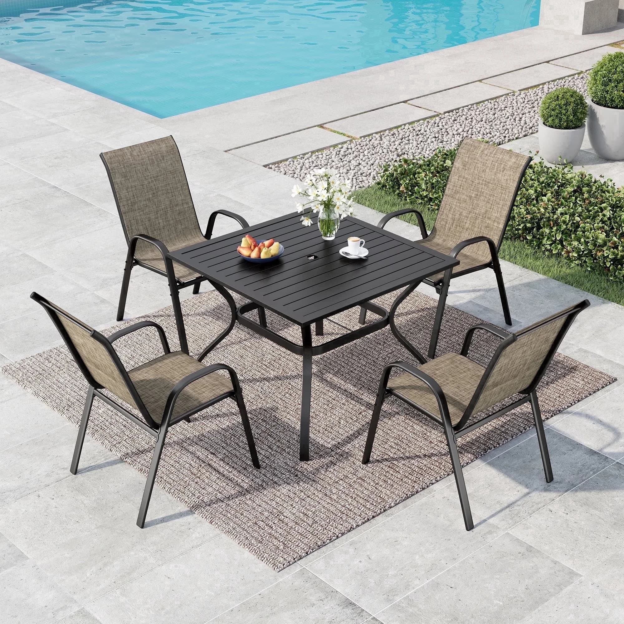 Premium Patio Dining Set with Weatherproof, Umbrella Hole - Gray Metal Steel & Textilene Model 631FBF