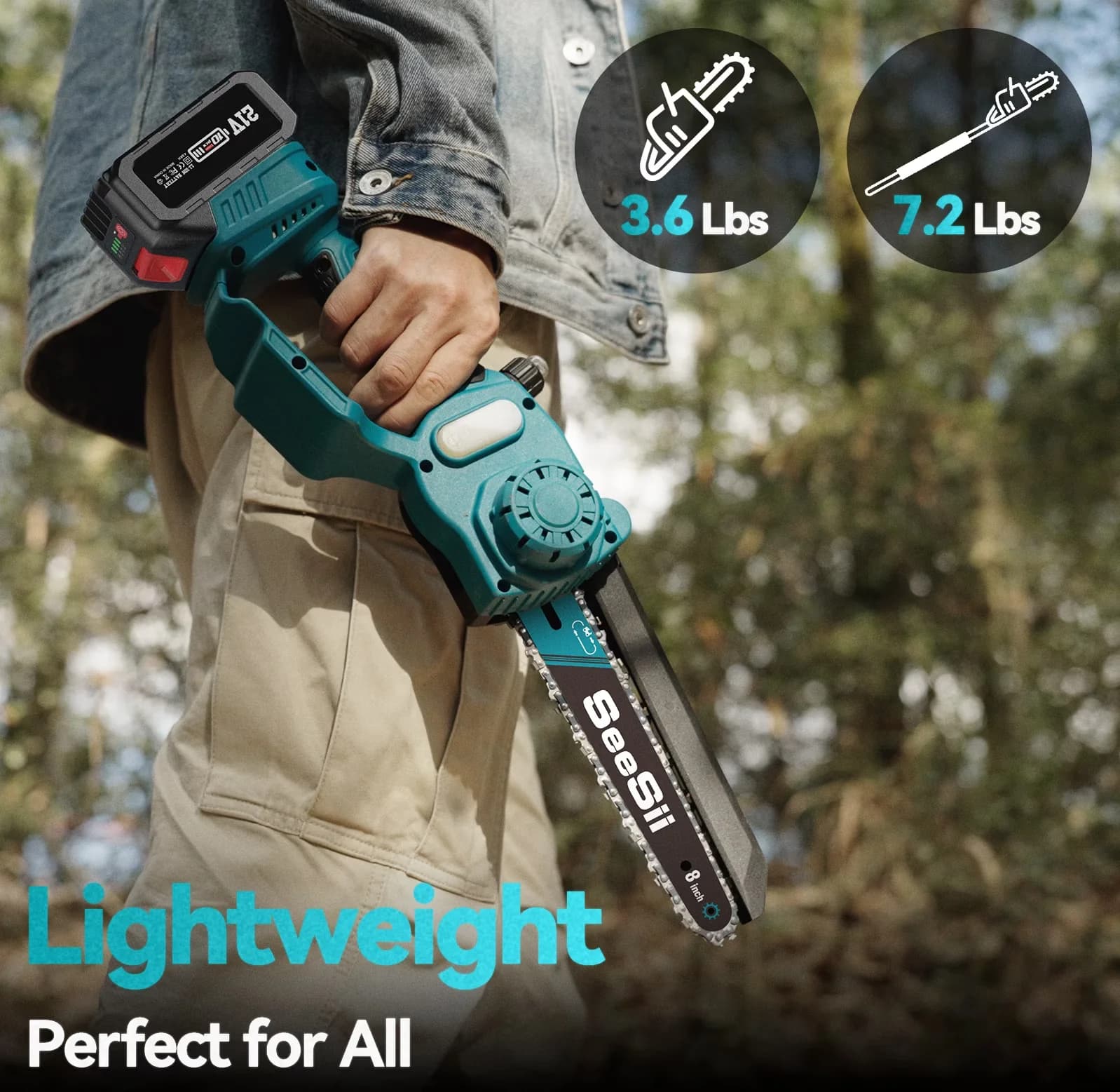 Quality Chainsaw with Battery, Replaceable Cutting Blade, 2 in 1 Cordless 8 inch Pole Saw & Mini - Model E6D310