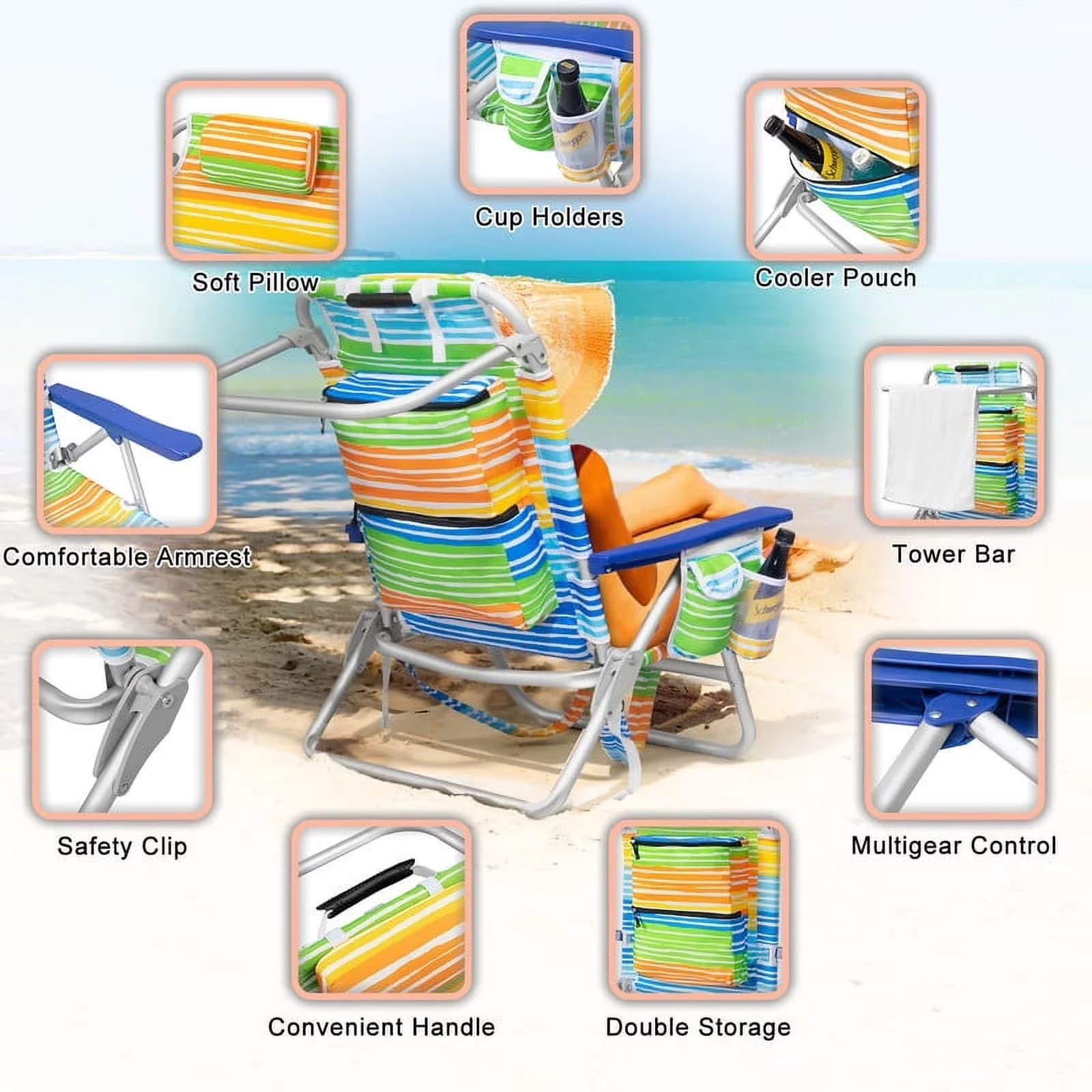Premium Beach Chair with Adjustable, Colorful, Backpack - Colorful - Quality Construction Model 16E078