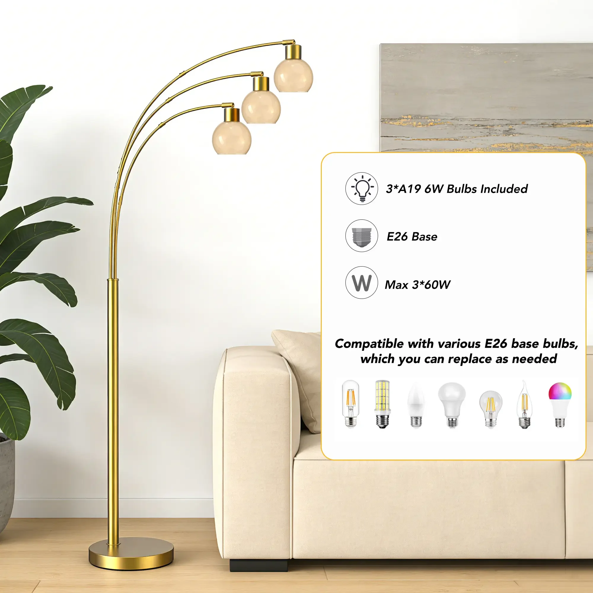 Floor Lamp Professional with LED, Adjustable Head, 72.8in 3-Light Arc Brushed Gold - Metal Gold Model 8EBBEB