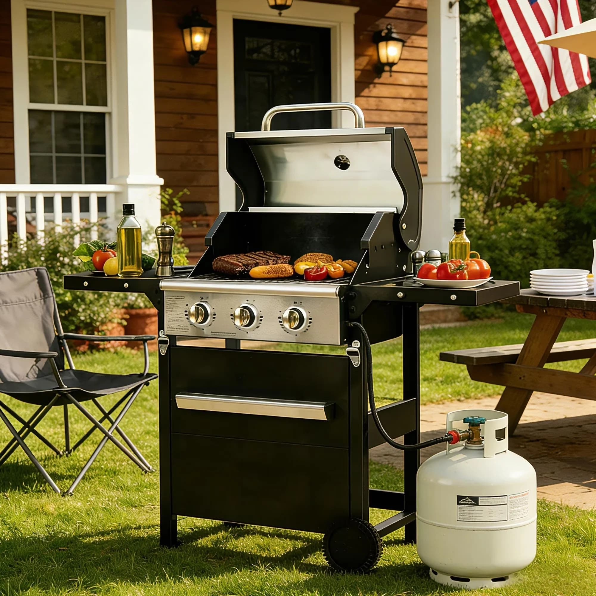 Gas Grill Efficient with 26000 BTU, Portable, 3 Burner Propane - Silver Iron Model ABD5DE