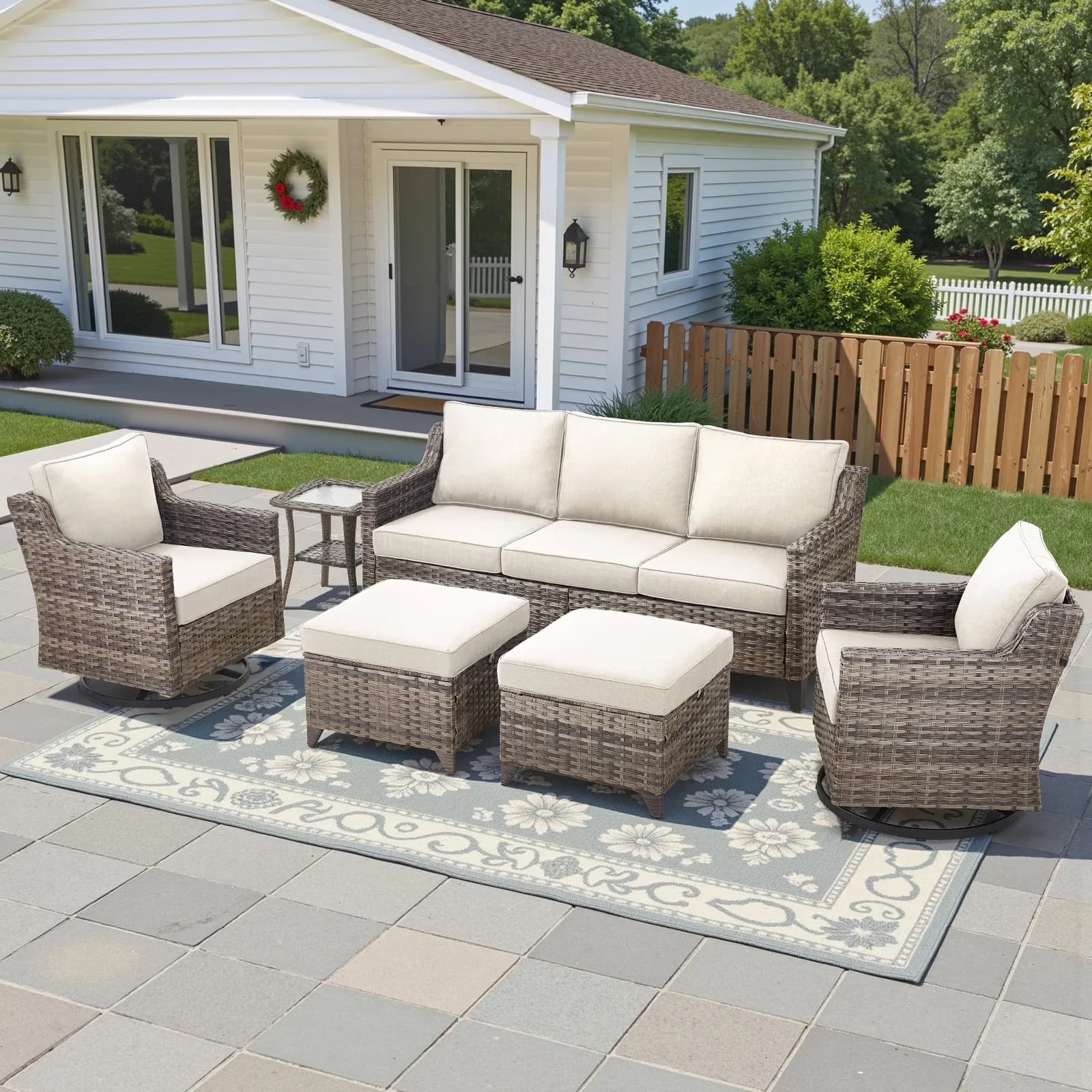 Durable Patio Dining Set with Reclining, Weatherproof - Beige Olefin;Wicker;Stainless Steel Model B83E6E