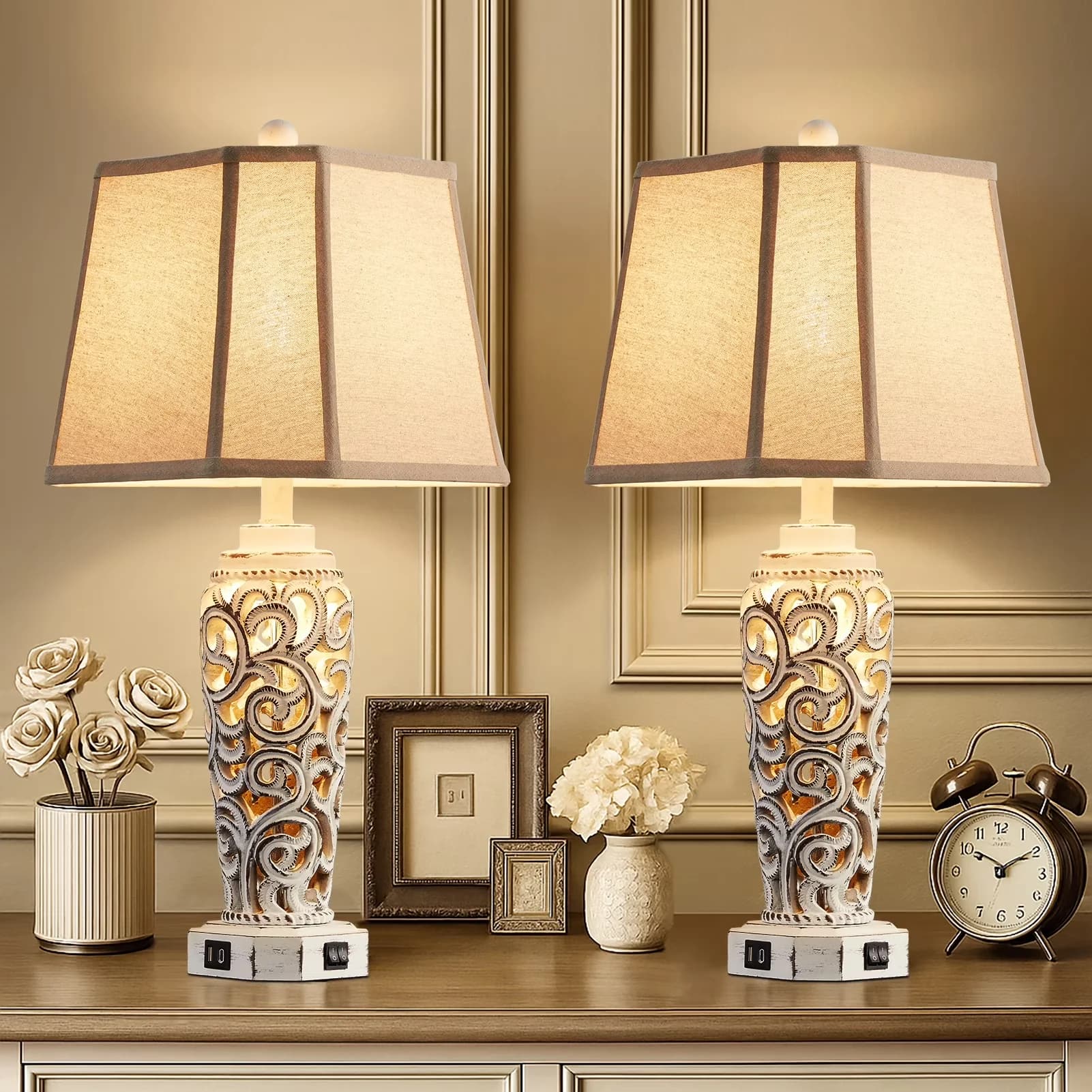 Compact Lamp Set with LED, Rustic/Lodge, Usb Port - Resin White Open - Traditional Style Model 24CDB5