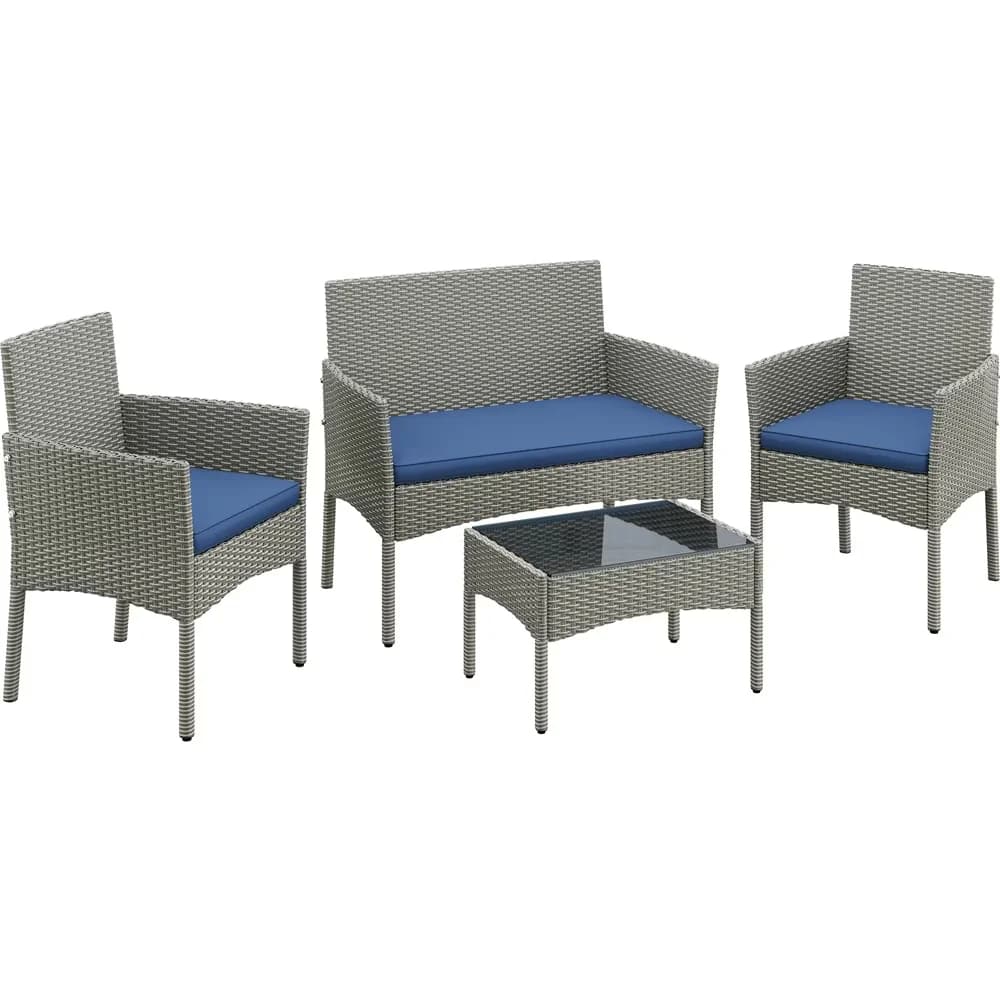 Quality Patio Conversation Set with Weatherproof, Color: Gray/Dark Blue, Gray/Dark Blue - Iron, Pe, 180G Polyester, Foam, Tempered... Model 294EDF