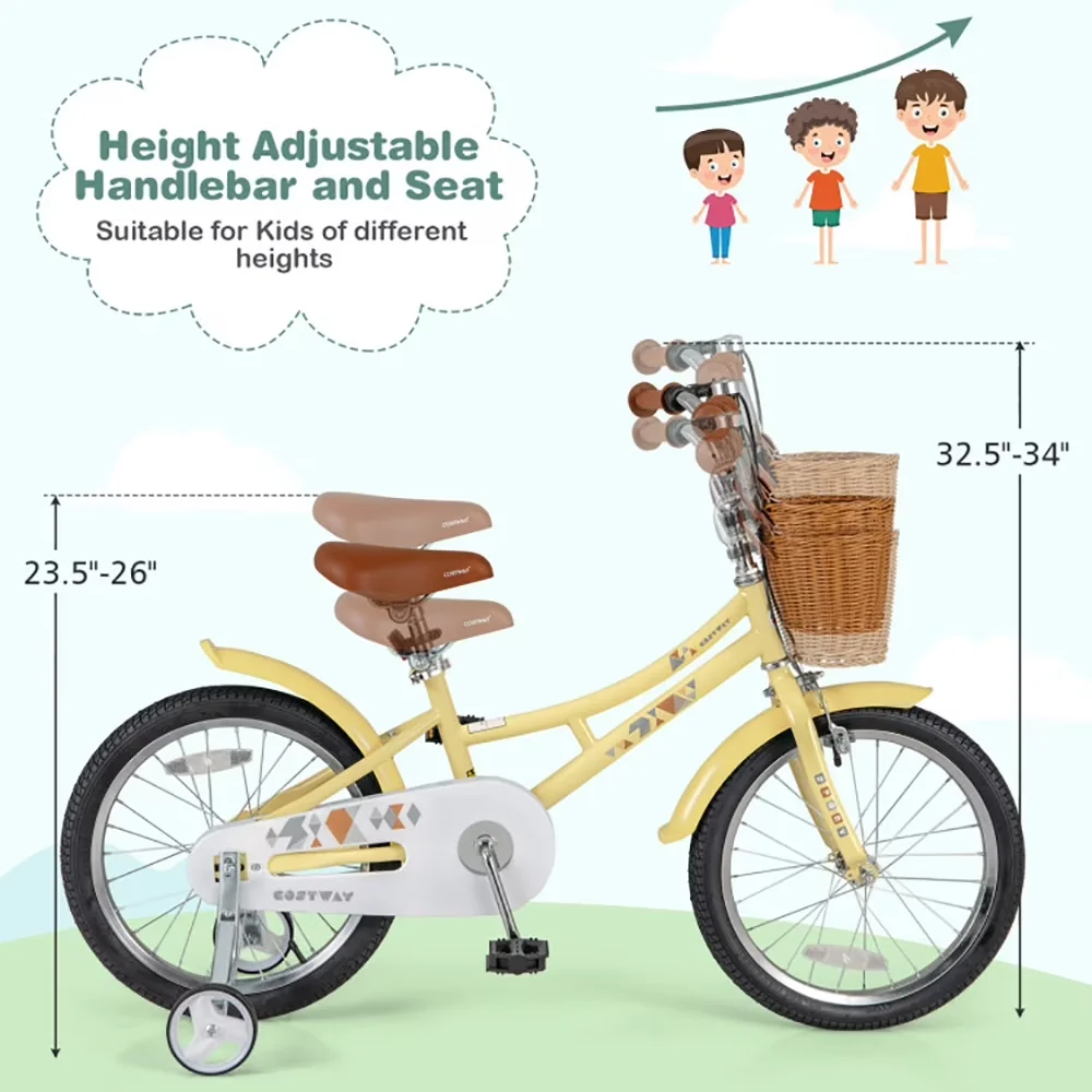 Efficient Kids Bike with Adjustable Handlebar Height, Toddlers Bicycle, Reflectors and Bell - Yellow Model 026A90