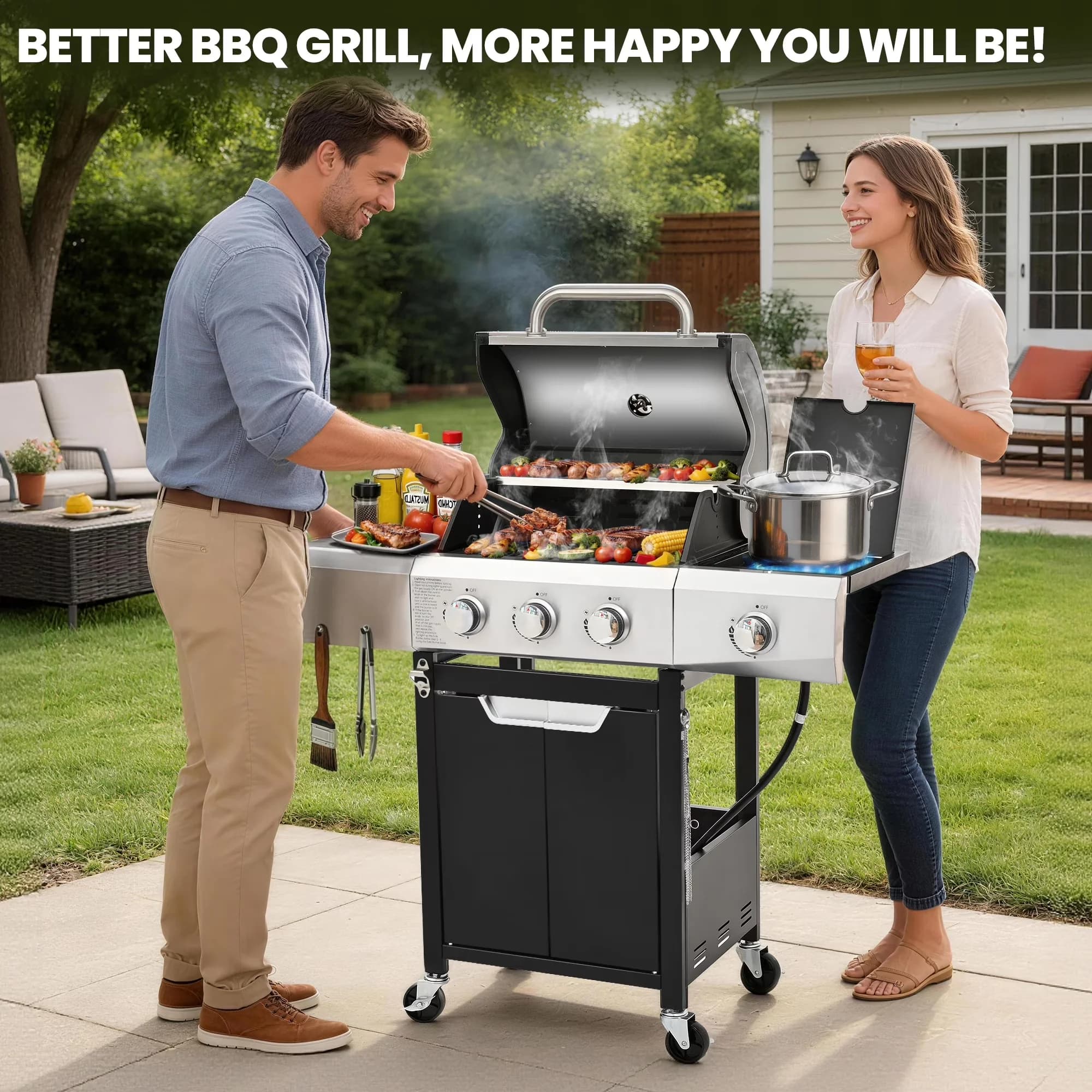 Professional Gas Grill with 40500 BTU, Foldable Legs - Silver Stainless Steel, Iron for Camping, Patio Model 3A68FF