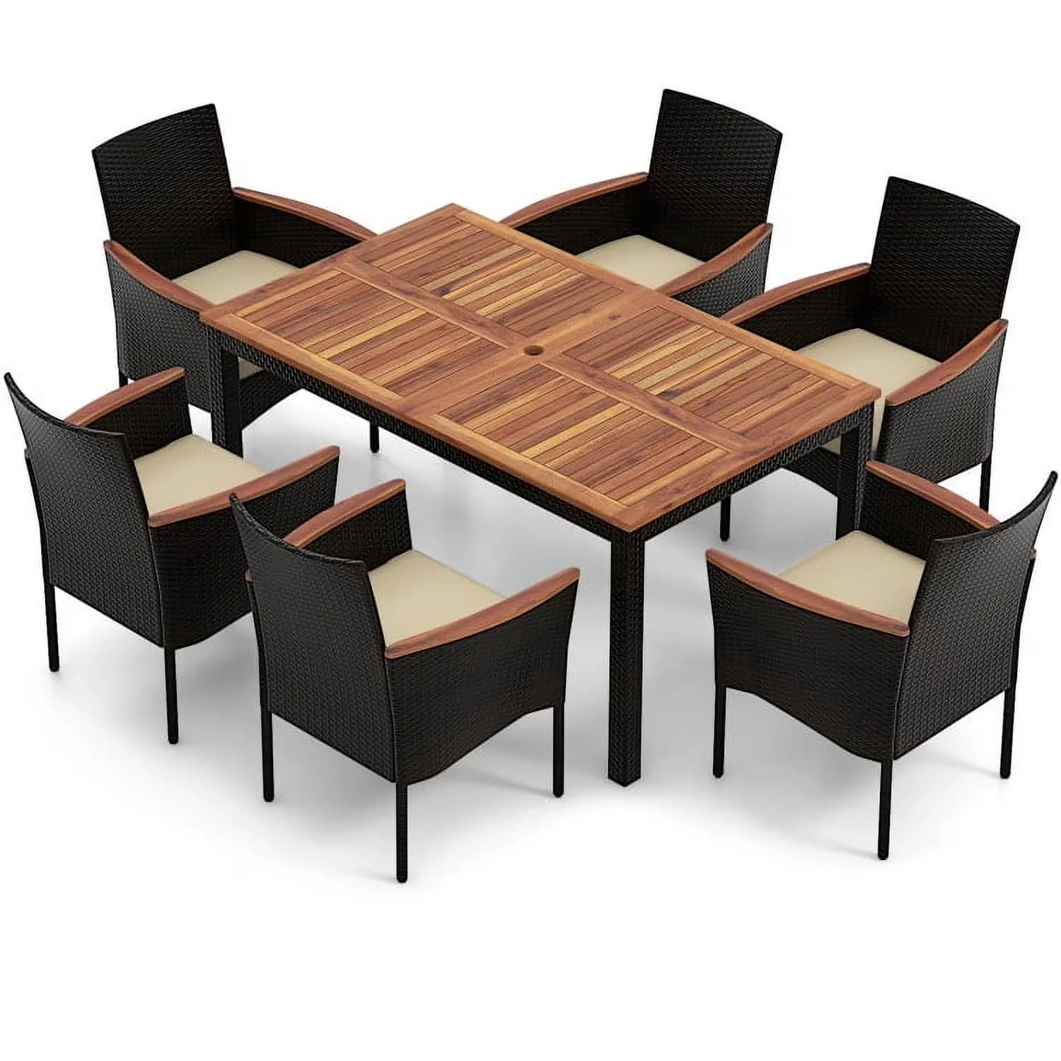 Compact Patio Dining Set with Collapsible, Stackable Chairs and Umbrella Hole - Beige Pe Rattan, Acacia Wood, Metal, Polyester,... Model DC80EE