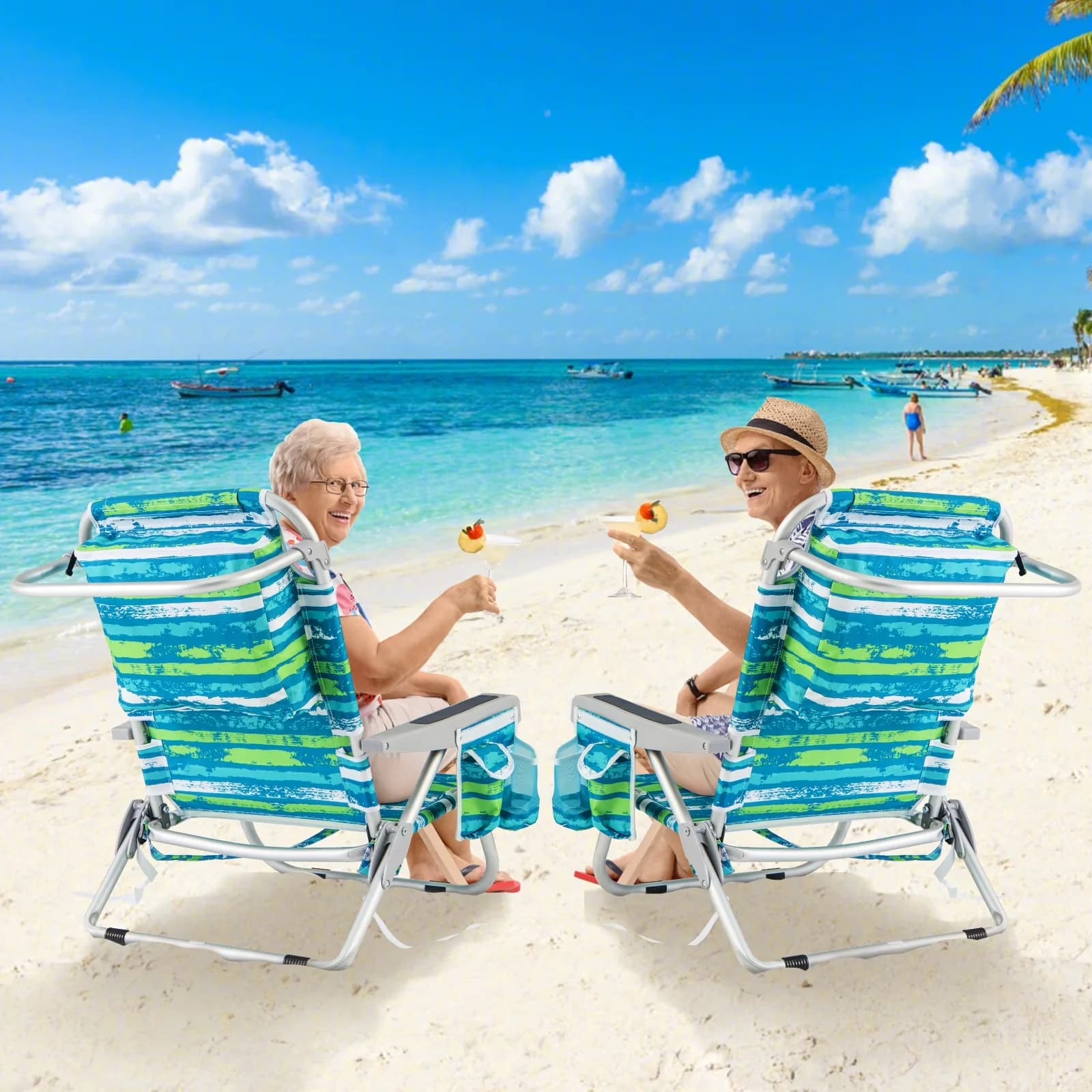 Beach Chair Premium with Folding - Blue + Green 1PC - Compact and Portable Model A17456