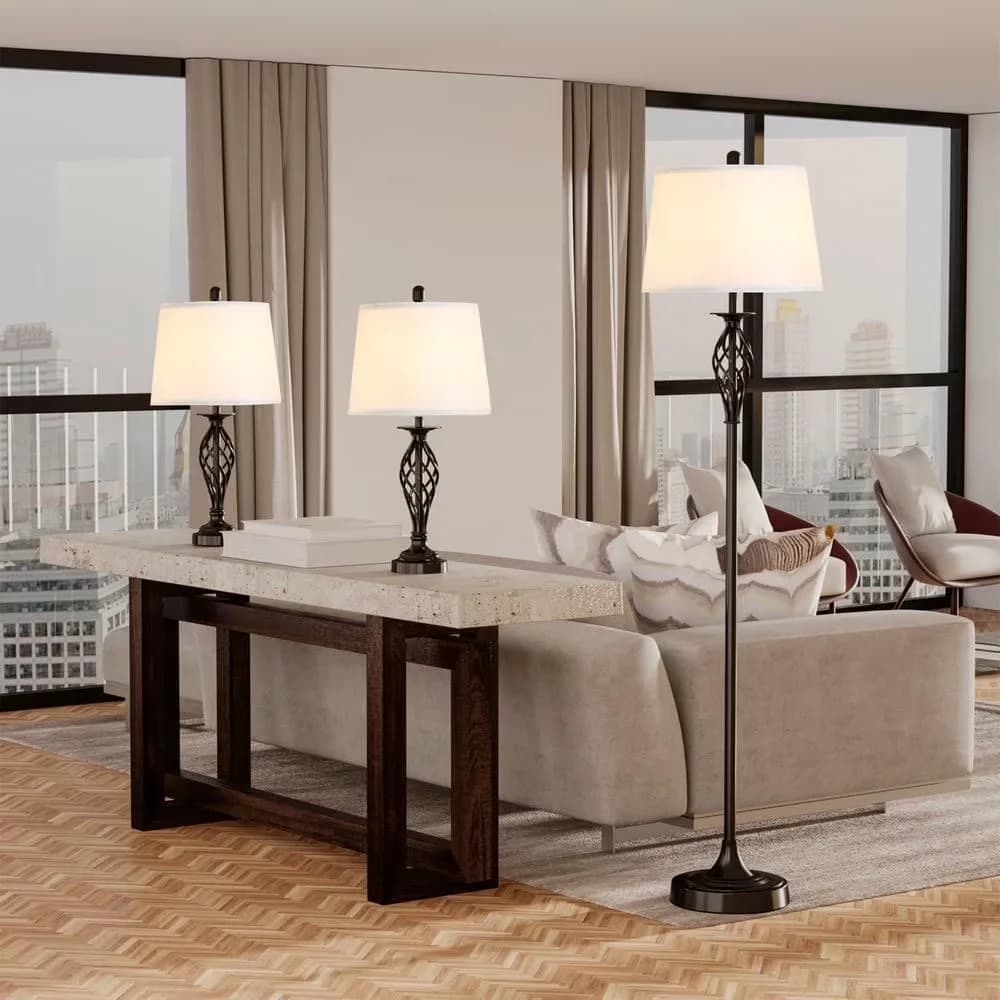 Quality Floor Lamp with LED, Modern, 3-Piece Table & Set - White Metal for Living Room Model C73F14