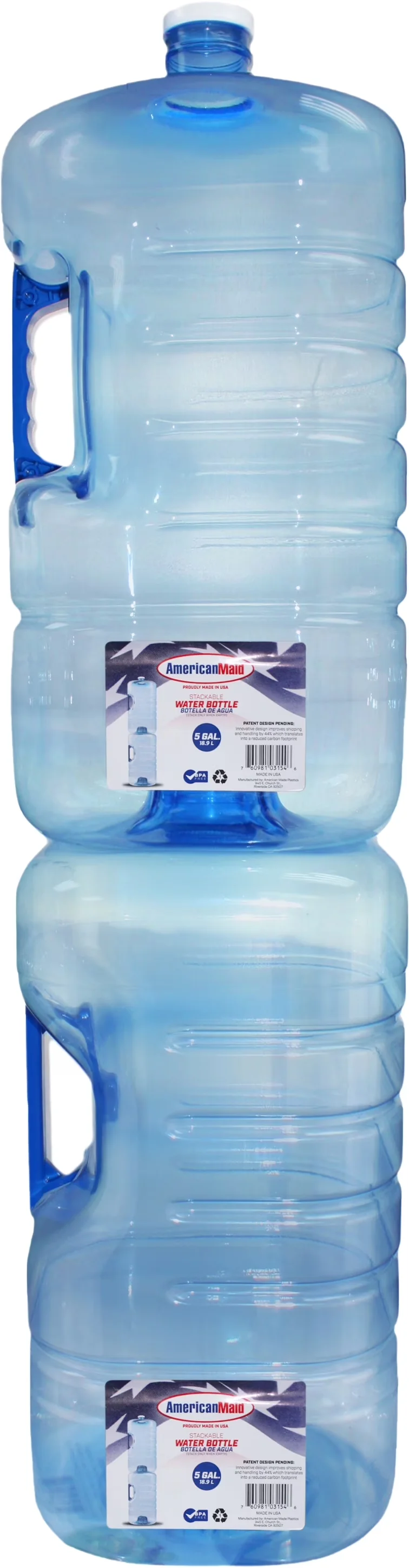 Water Filtration Reliable with 5 Gallon Stackable Bottle 640oz, Dims: 8.5x9x19, 53mm Screw Cap - Blue, Clear Plastic Model A60E76