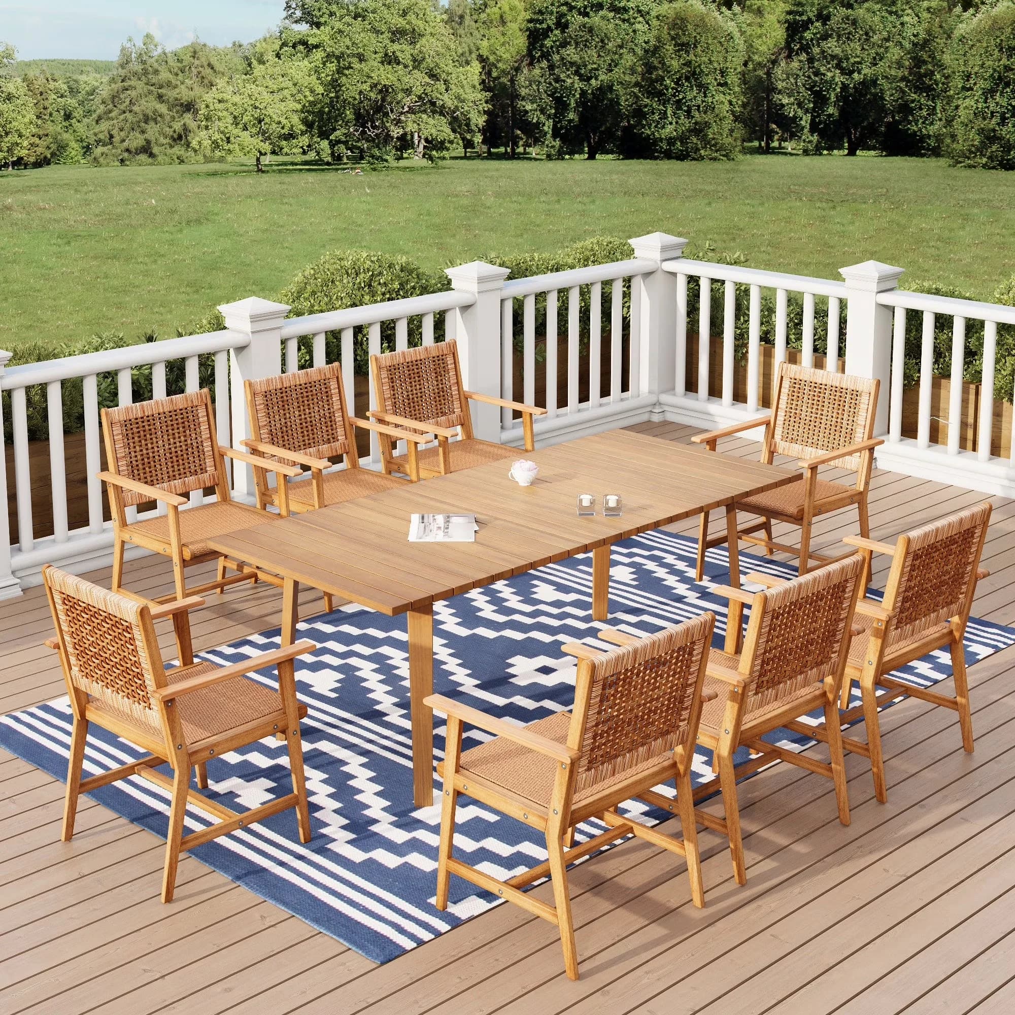 Professional Patio Dining Set with 8 Wooden Chairs, 9-Piece Acacia Wood Outdoor, Rattan and 1 Acacia Wood Table - Off-White Acacia Wood Model BA2593