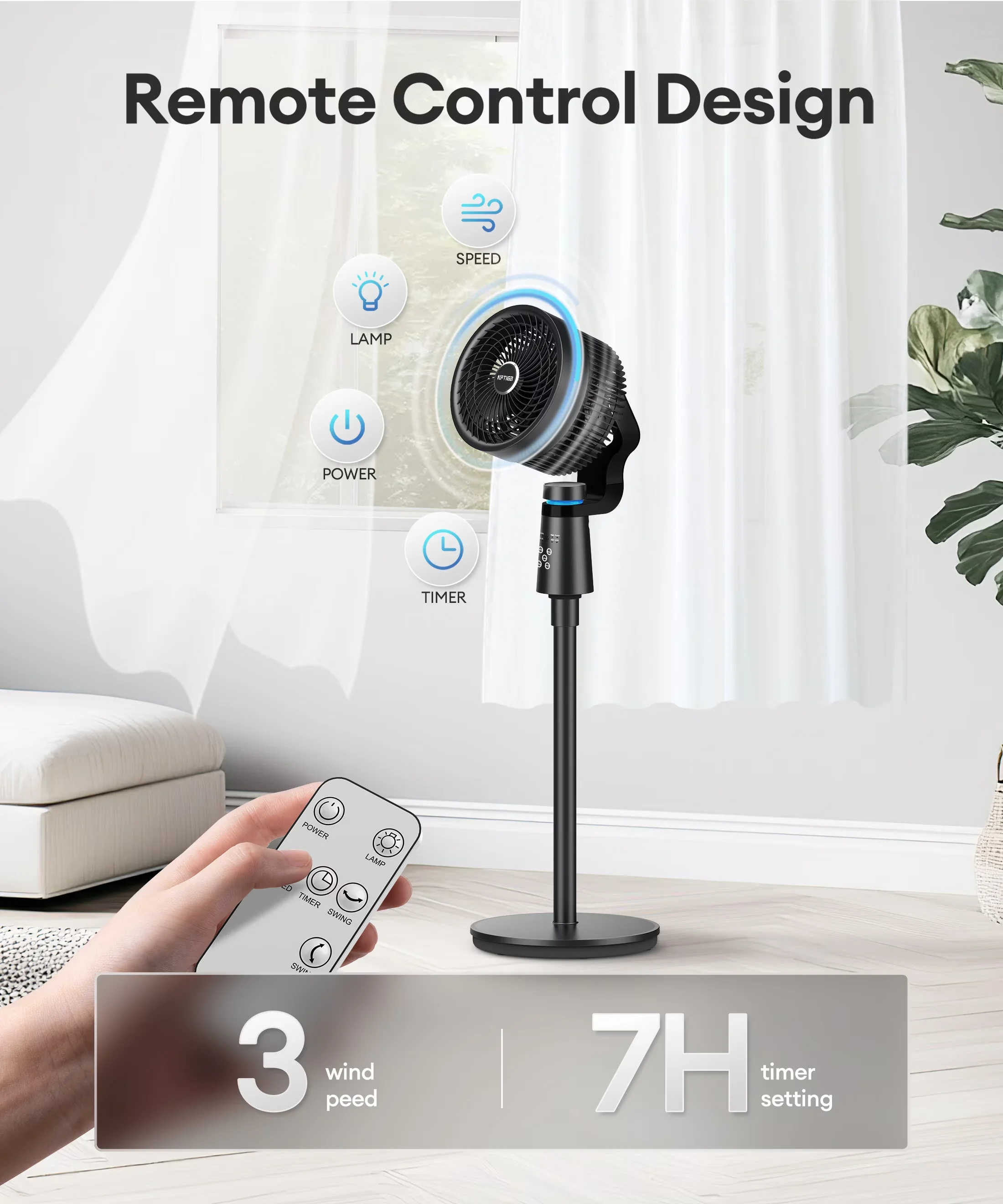 Compact Fans In Cooling with Oscillating, Remote, Pedestal - Black for Everyday Use Model B7EA55