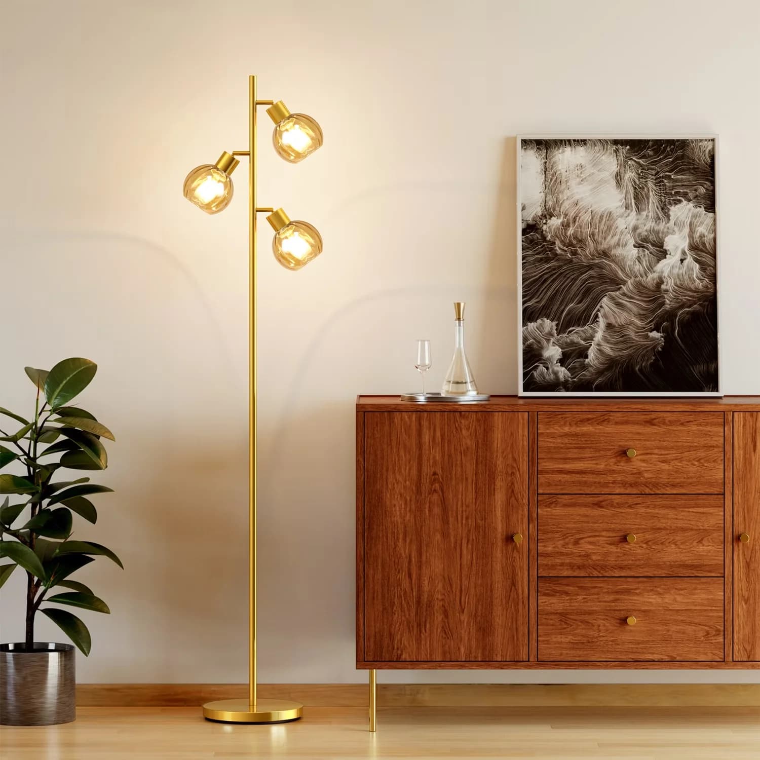 Classic Floor Lamp with LED, Modern, Energy Efficient - Gold Metal, Glass Model 46F4F3