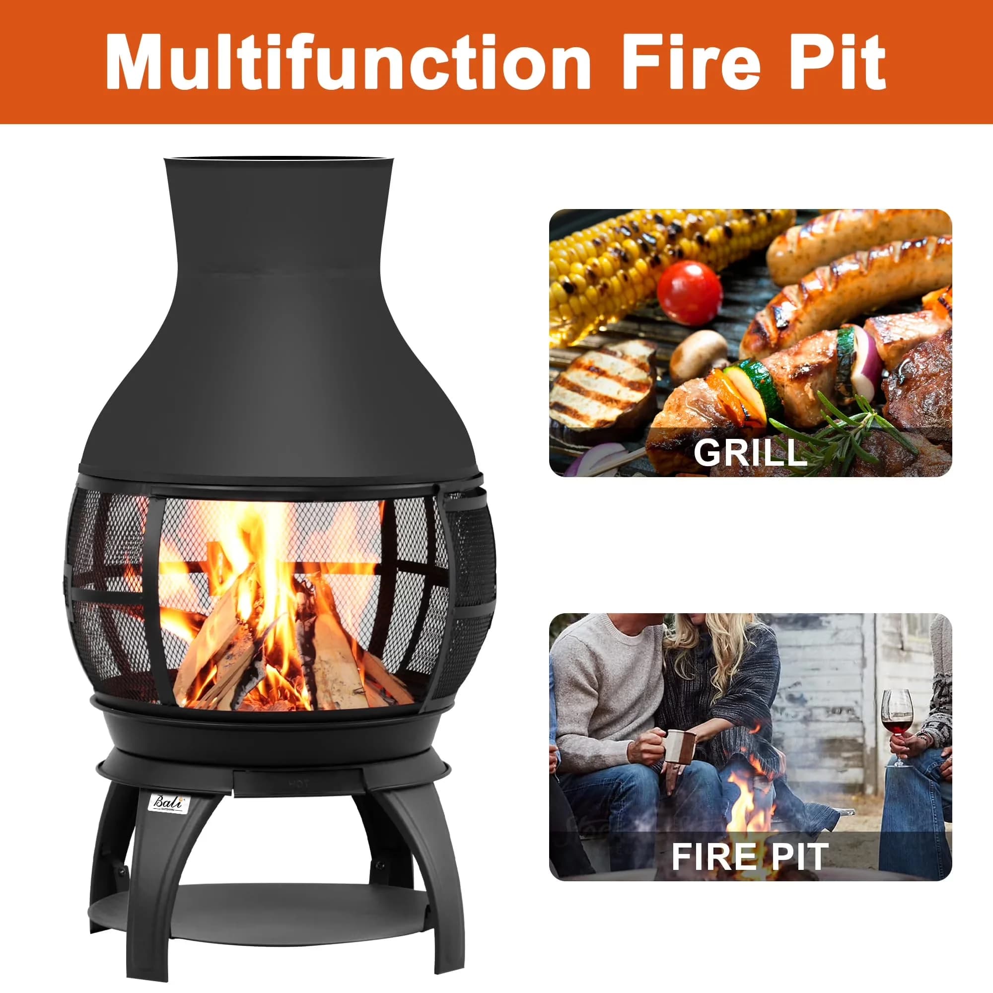 Professional Outdoor Heating with Portable, Fire Pit Wood Burning Chiminea - Black Metal for Patio Model 50CA4D