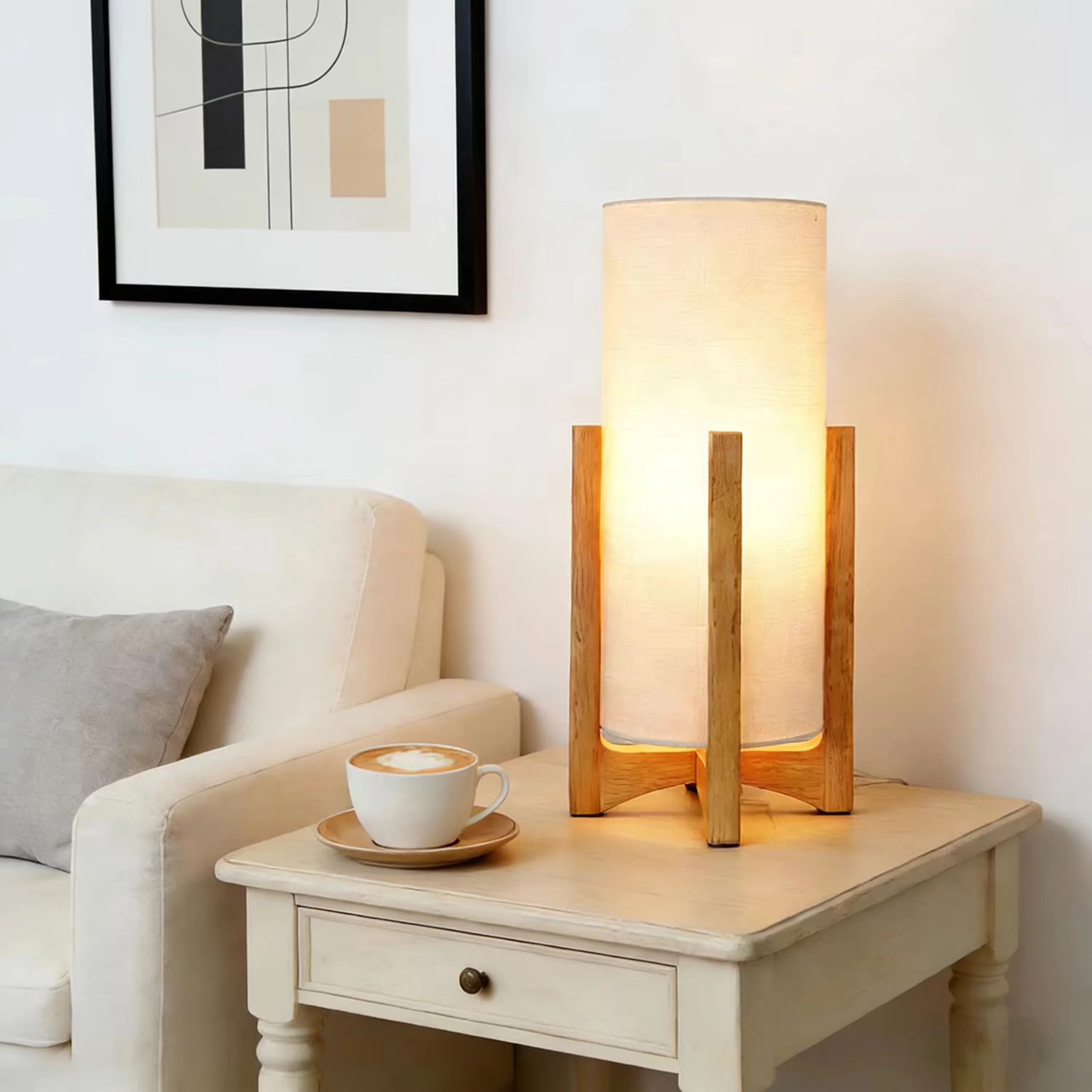 Quality Table Lamp with LED, Smart Compatible, Standard Lamps - Metal; Wood White Model 6C02E4