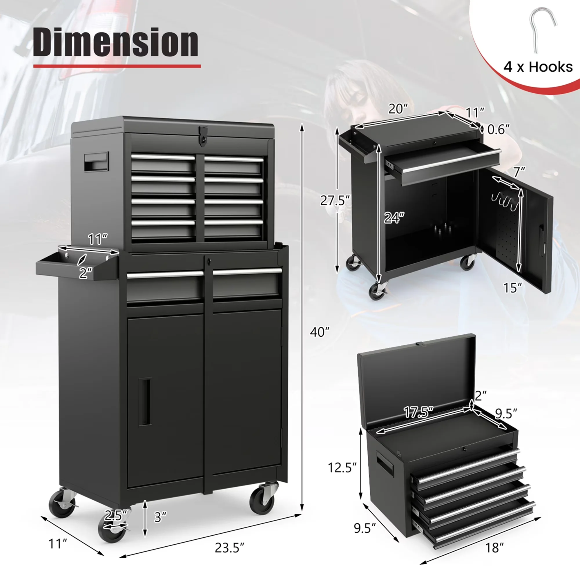 Stylish Toolstorage with Lockable, Wheels Black - Metal Black Drawer - Built to Last Model 259302