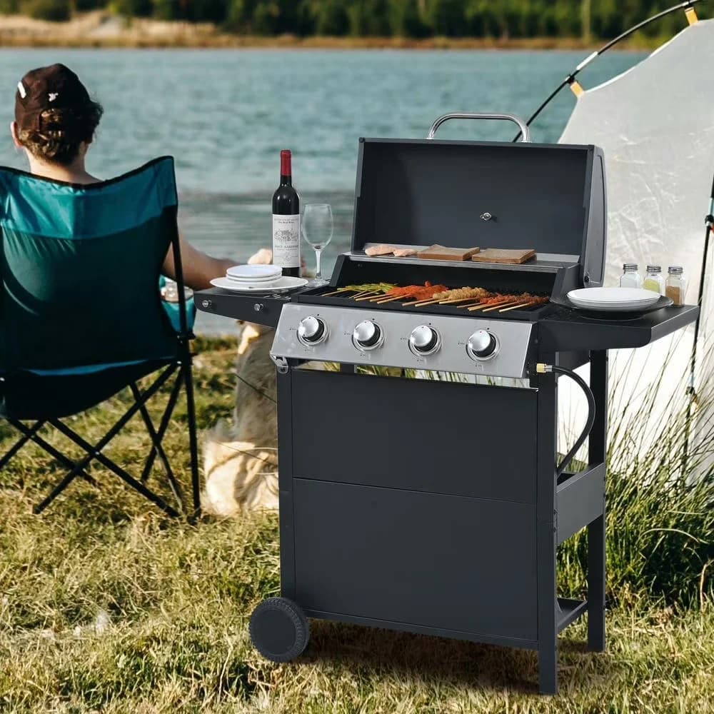 Quality Gas Grill with 34000 BTU, Portable, Patio Backyard Barbecue - Iron Black Model CB1393
