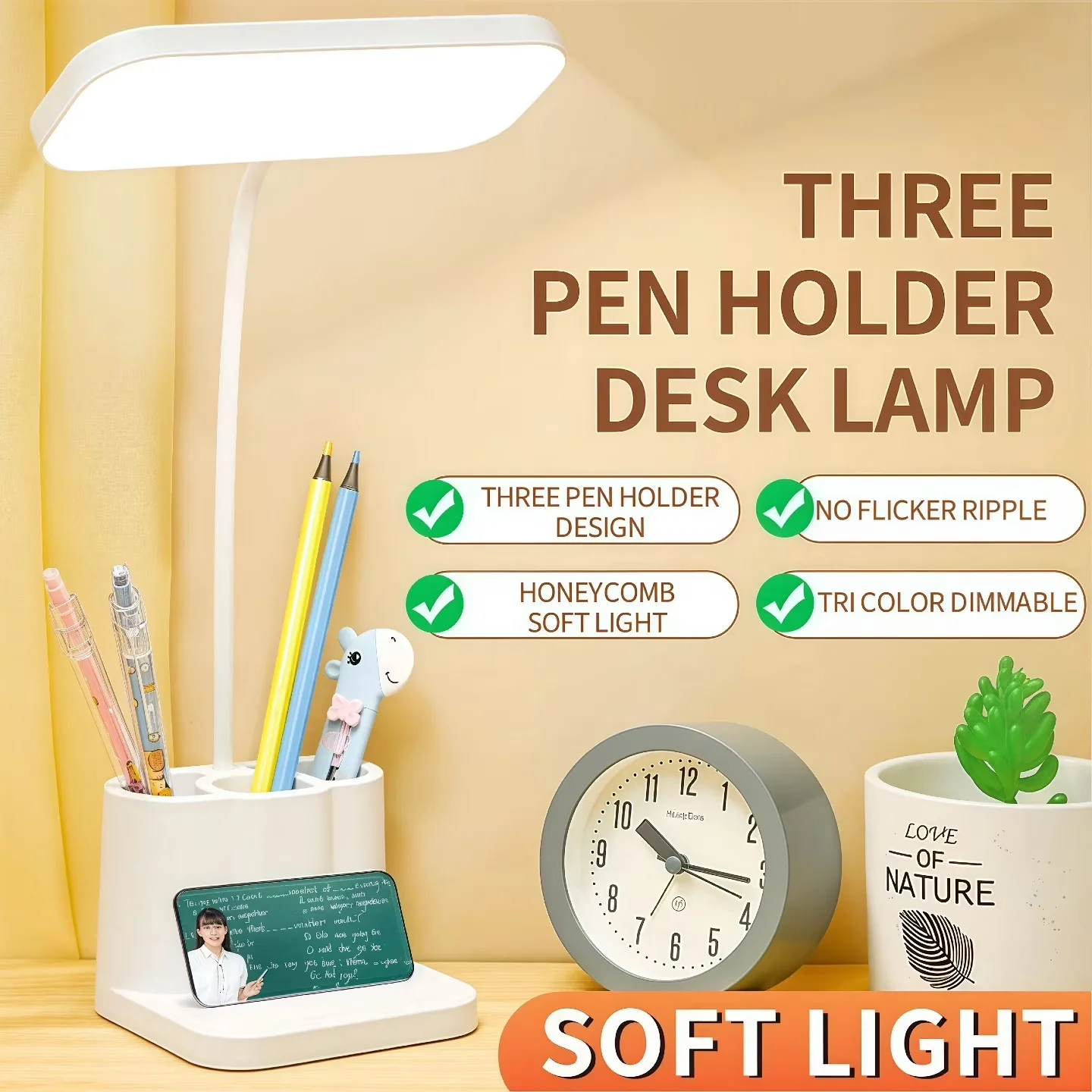 Desk Lamp Essential with LED, Battery, Adjustable Head - White Abs for Home Office, Study Model FAD31F